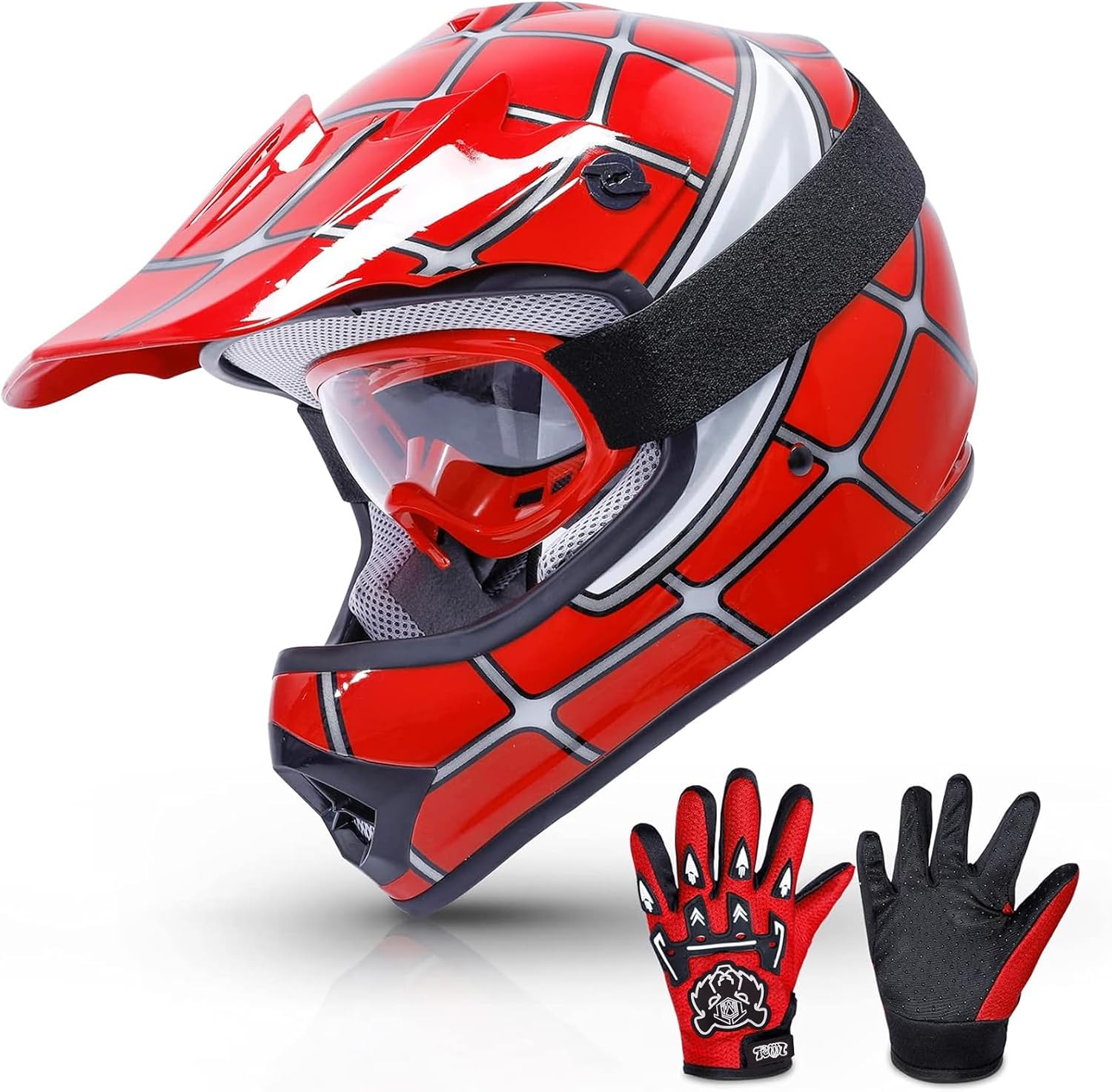 TCMT Youth Dirt Bike Helmet DOT Certified - Kids Full Face Motocross ATV Helmet with Goggles, Gloves and Helmet Bag for Off-Road, BMX, MX, Street Riding