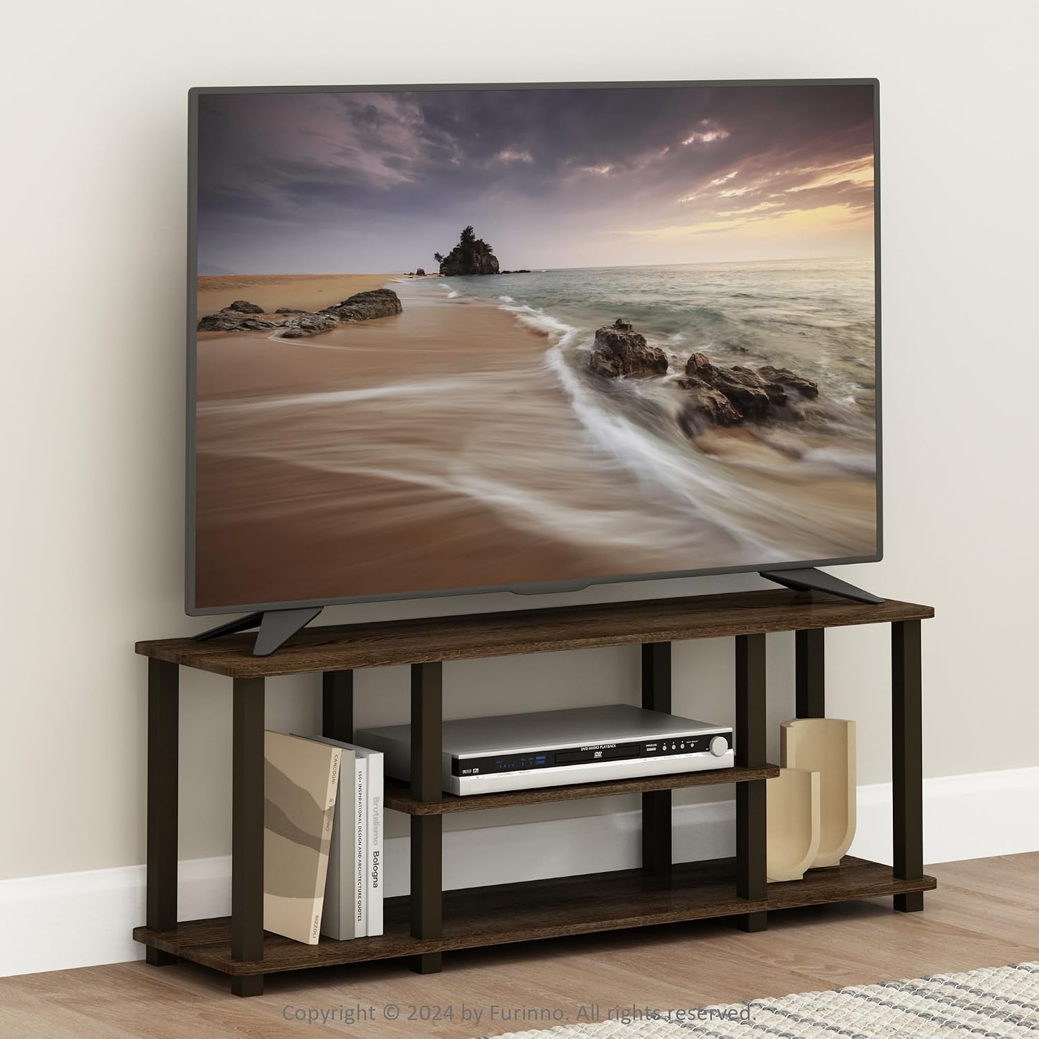Furinno Turn-N-Tube No Tools 3D 3-Tier Entertainment TV Stand up to 50 inch TV, Round Tubes, French Oak Grey/Black | for TV up to 50 Inch, Open Frame Rectangular Entertainment Center with Storage Shelf, TV Console, for Living Room, Bedroom
