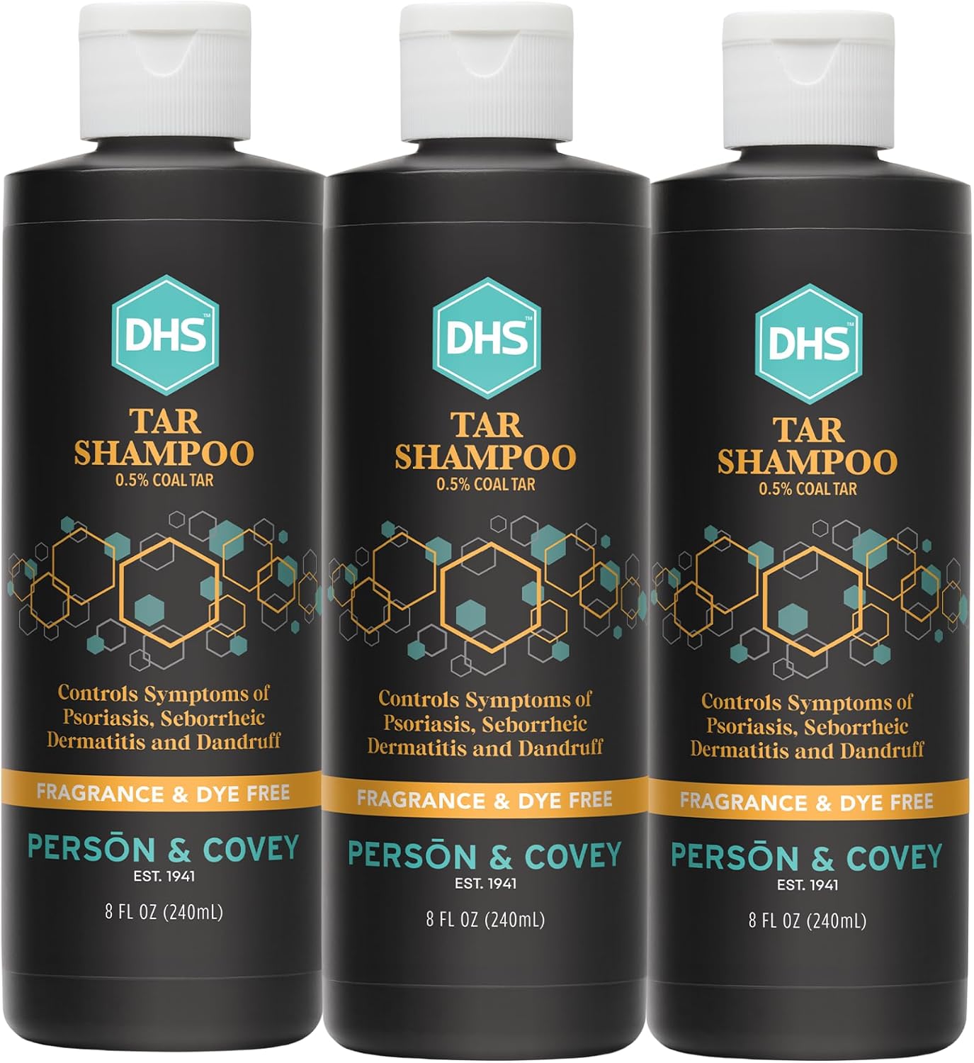 DHS Person & Covey, Inc Coal Tar Shampoo - Dandruff Shampoo for Men & Women, Psoriasis & Dandruff Hair Care for Itchy Scalp, Unscented Seborrheic Dermatitis Hair Care - 8 Fl Oz, Pack of 2