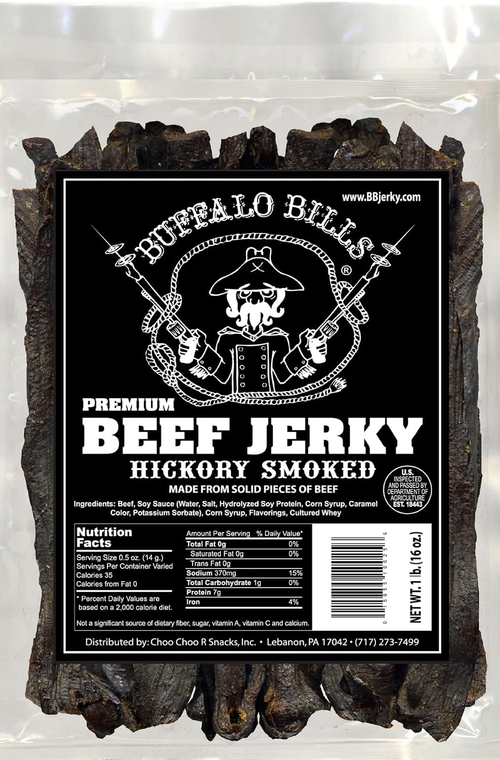Buffalo Bills 16 Oz Hickory Smoked Premium Beef Jerky Pieces in Random Size | Selling Beef Jerky Nationwide Since 1990, Made In The USA, 100% US Beef, Marinated In Soy Sauce, Garlic, And Black Pepper