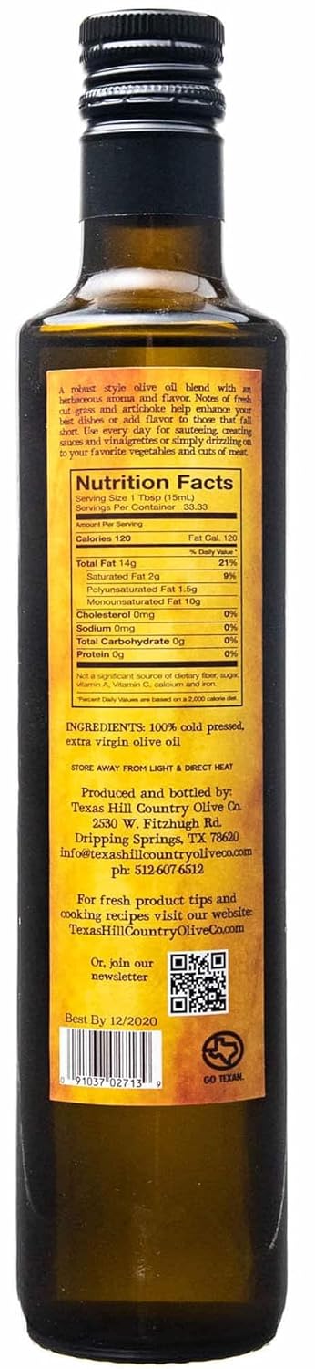 Texas Hill Country Olive Co Terra Verde Extra Virgin Olive Oil - Cold Pressed EVOO Gourmet Olive Oil - Rich & Fruity - Perfect for Finishing & Dressing - Award Winning & Made in Texas (8.5 oz)