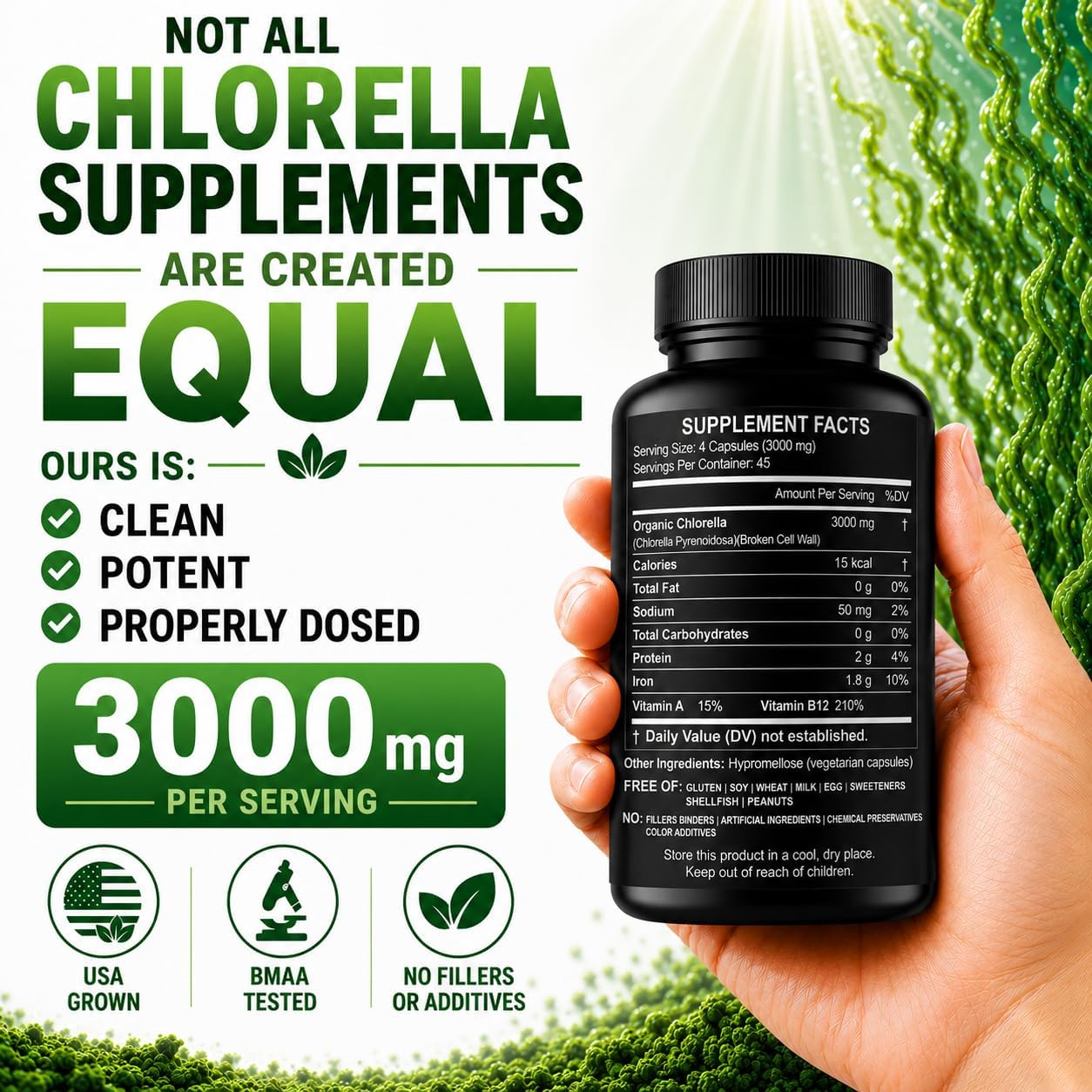 Chlorella Capsules 3000 mg - Cracked Cell Wall Blue Green Algae Supplement - Best Natural Detox Cleanse - Plant Vitamins Minerals Chlorophyll Vegan