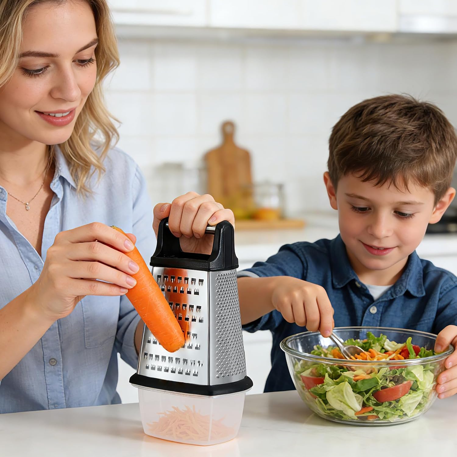 Ourokhome Cheese Grater with Handle, Stainless Steel Box Grater, 4 Side Kitchen Vegetable Shredder Slicer Zester with Container for Parmesan, Cabbage
