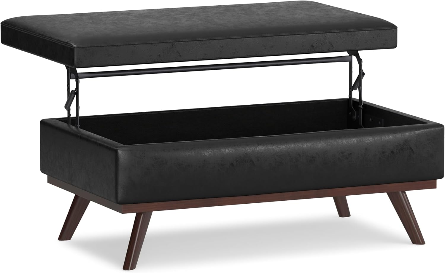 SIMPLIHOME Owen 34" Wide Vegan Leather Lift Top Ottoman in Dark Blue