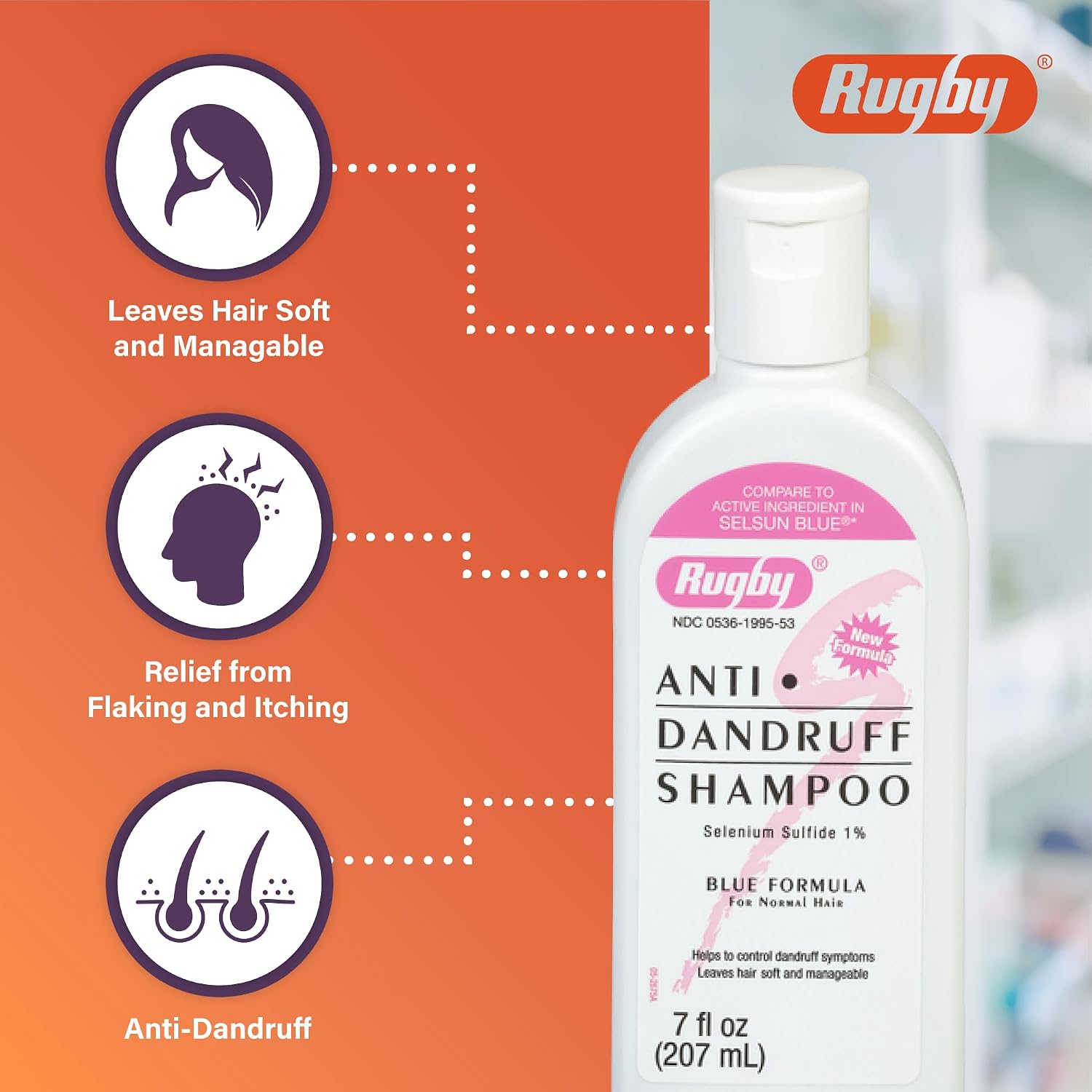 Rugby Selenium Sulfide Anti-Dandruff Shampoo - Blue Formula for Normal Hair - 7 Oz (1-Pack)