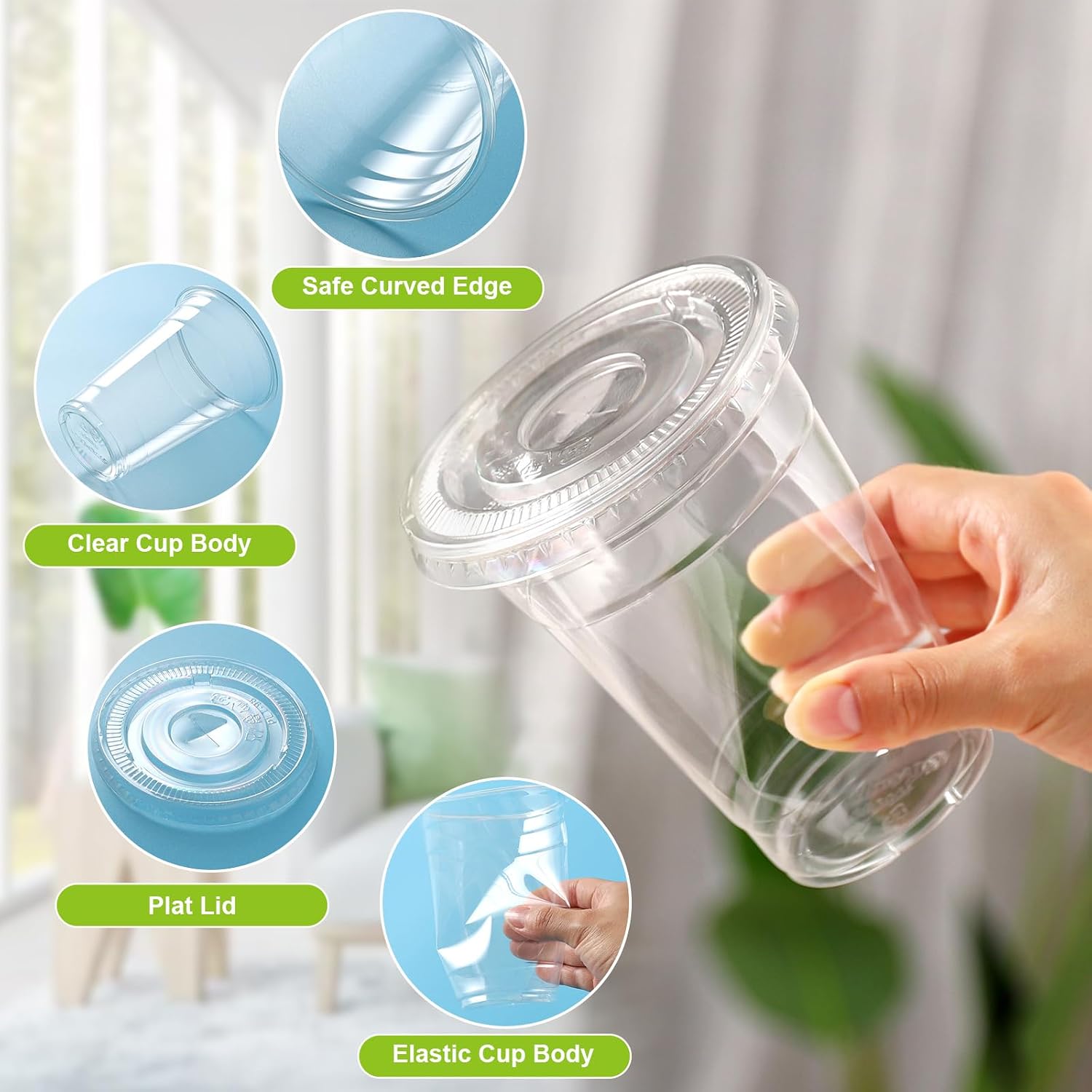 TashiBox Plastic Cups with Flat Lids 100 Sets 16 oz, Clear Crystal drink cups with lids