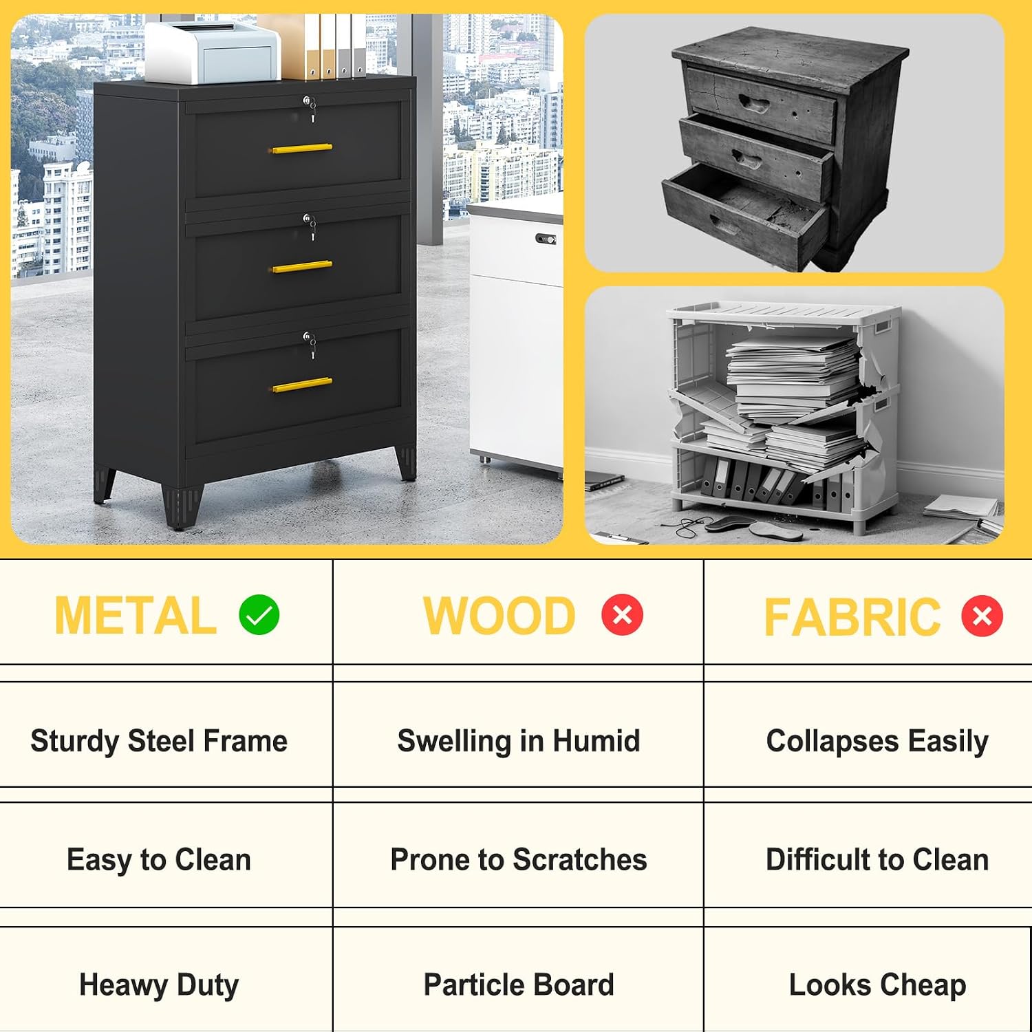 3 Drawer File Cabinet, Office Mobile Filing Cabinet, Printer Stand | All-in-One Office Storage, 3 Storage Drawers, 2 Adjustable Shelves, Lockable Cabinet, 4 Casters, 46.5-Inch Top