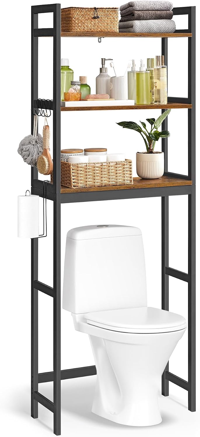 SONGMICS Over The Toilet Storage, 3-Tier Over Toilet Bathroom Organizer with Adjustable Shelf, 10.2 x 24.8 x 66.9 Inches, Space-Saving, Cloud White UBTS01WT