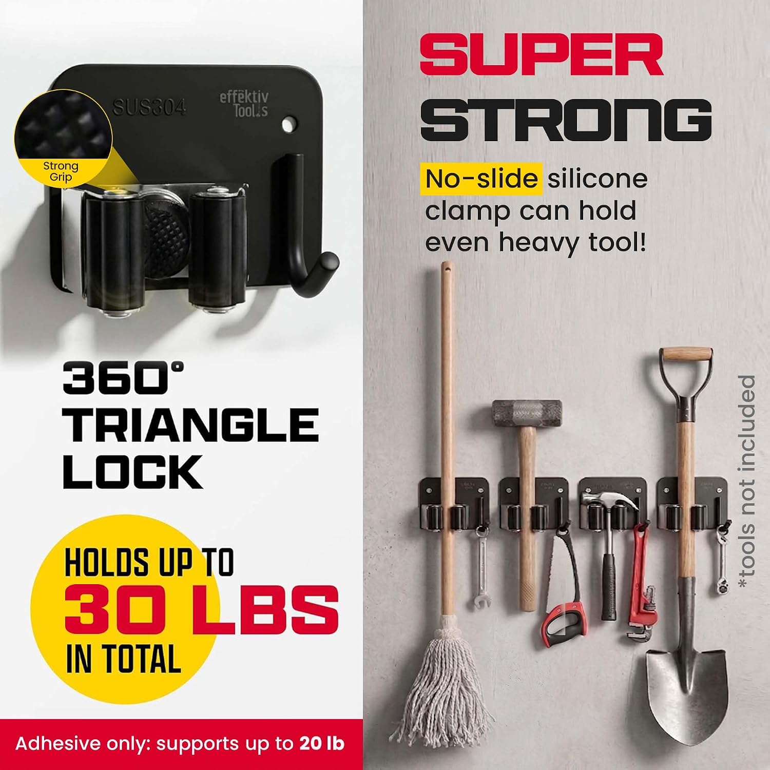 Wall Mount Hanger for Brooms & Mops - Adhesive Stainless Steel Mops & Broom Holder, 4 Clamps, 3 Hooks