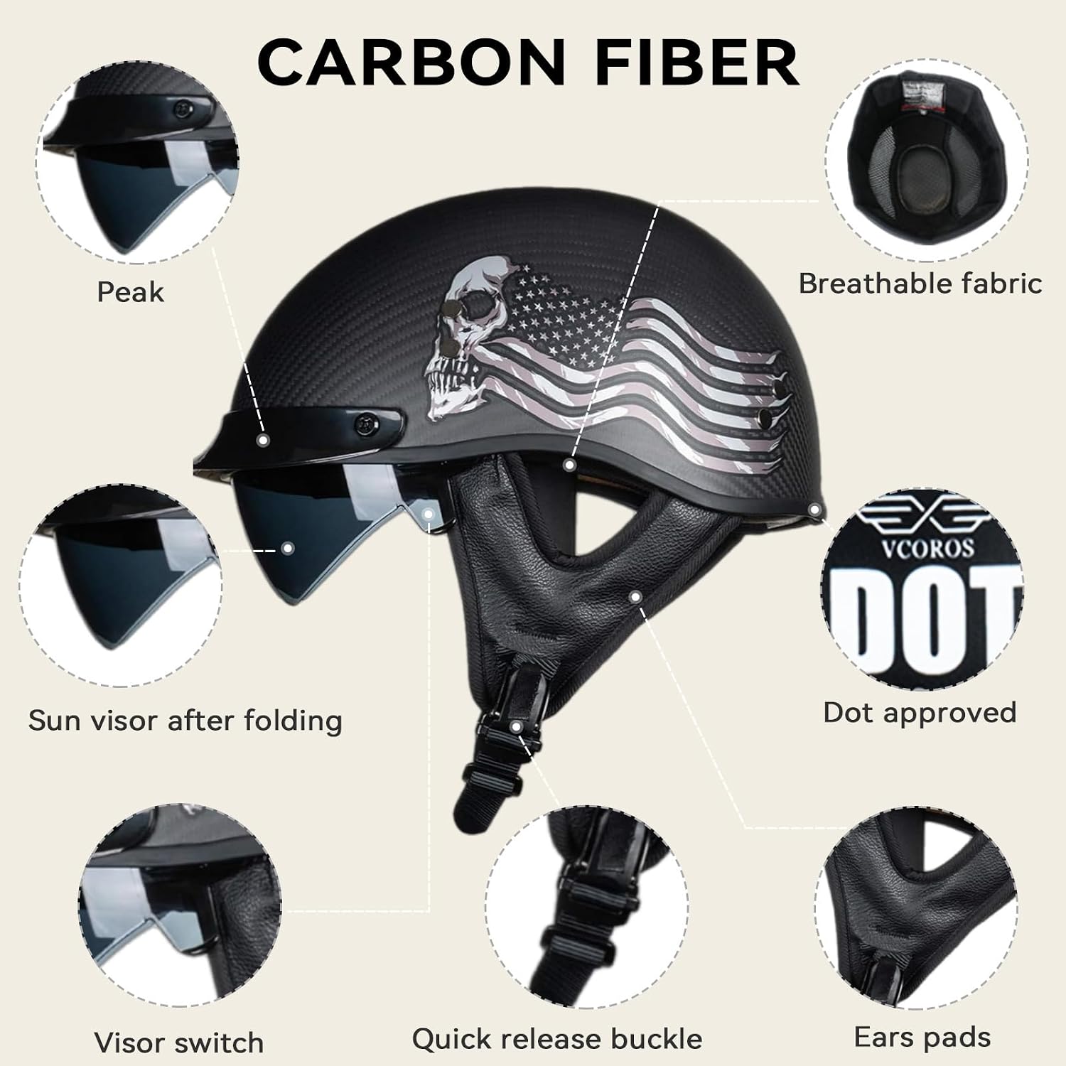 VCOROS Carbon Fiber Open Face Retro Motorcycle Half Helmet DOT