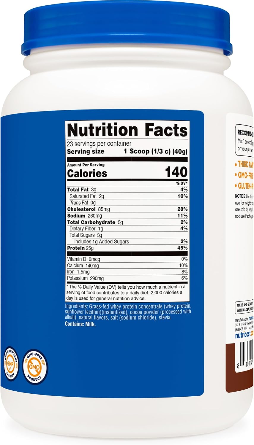 Nutricost Grass-Fed Whey Protein Concentrate (Unflavored) 2LBS | Undenatured, GMO-Free, Gluten Free, Natural Flavors