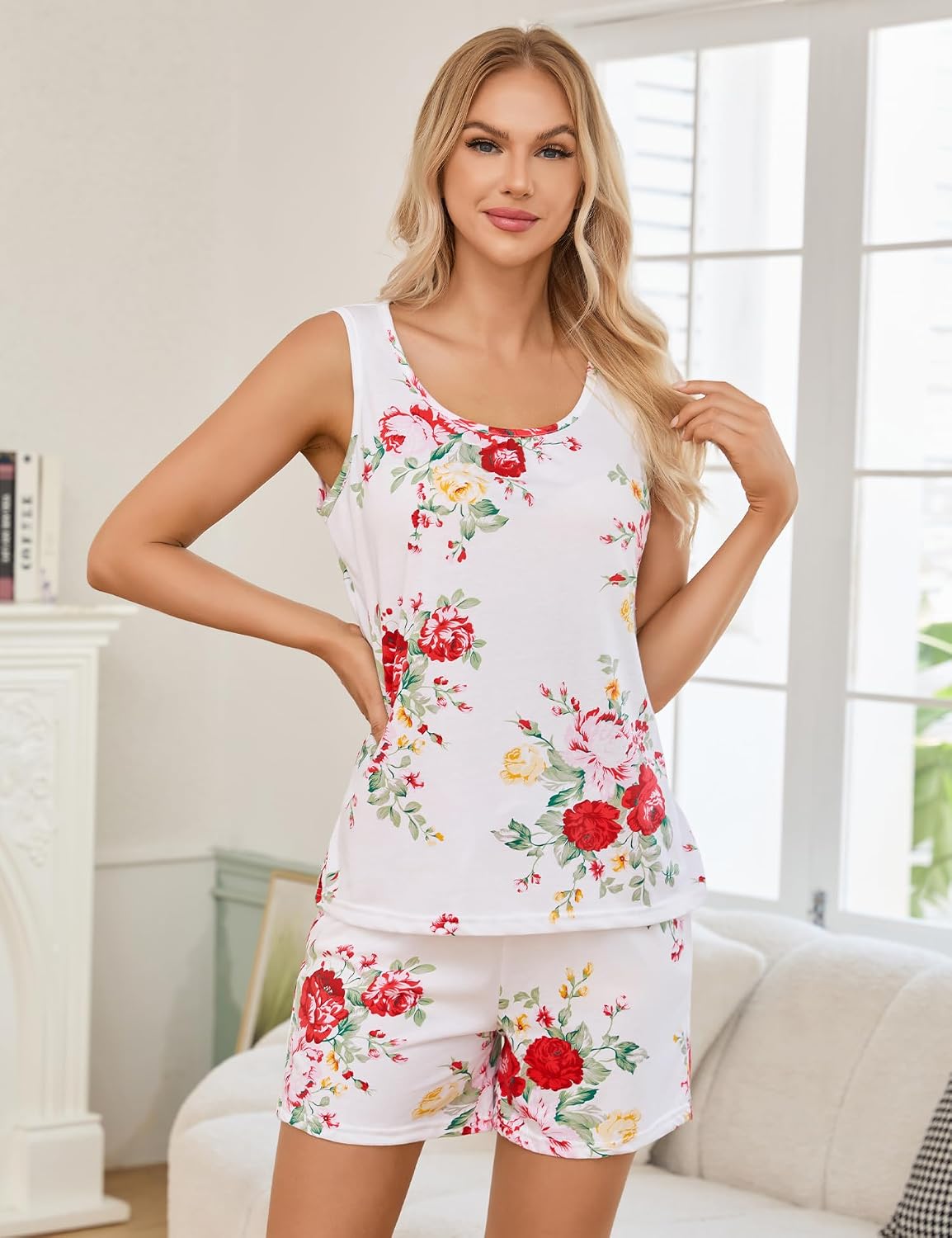 ENJOYNIGHT Womens Pajama Set Cotton Summer Sleep Tank and Shorts Pjs