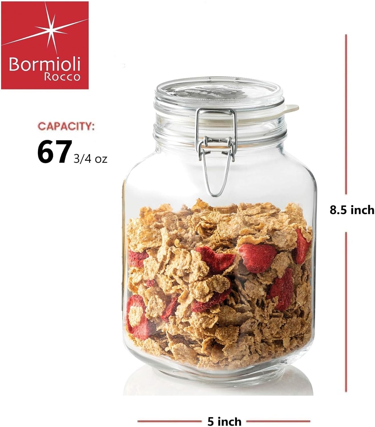Bormioli Rocco Fido Glass Jar with Airtight Clamp Lid, 67.75 Oz - Clear | Italian Glass Fermentation Jar for Kombucha, Kimchi, Pickles & Sauerkraut