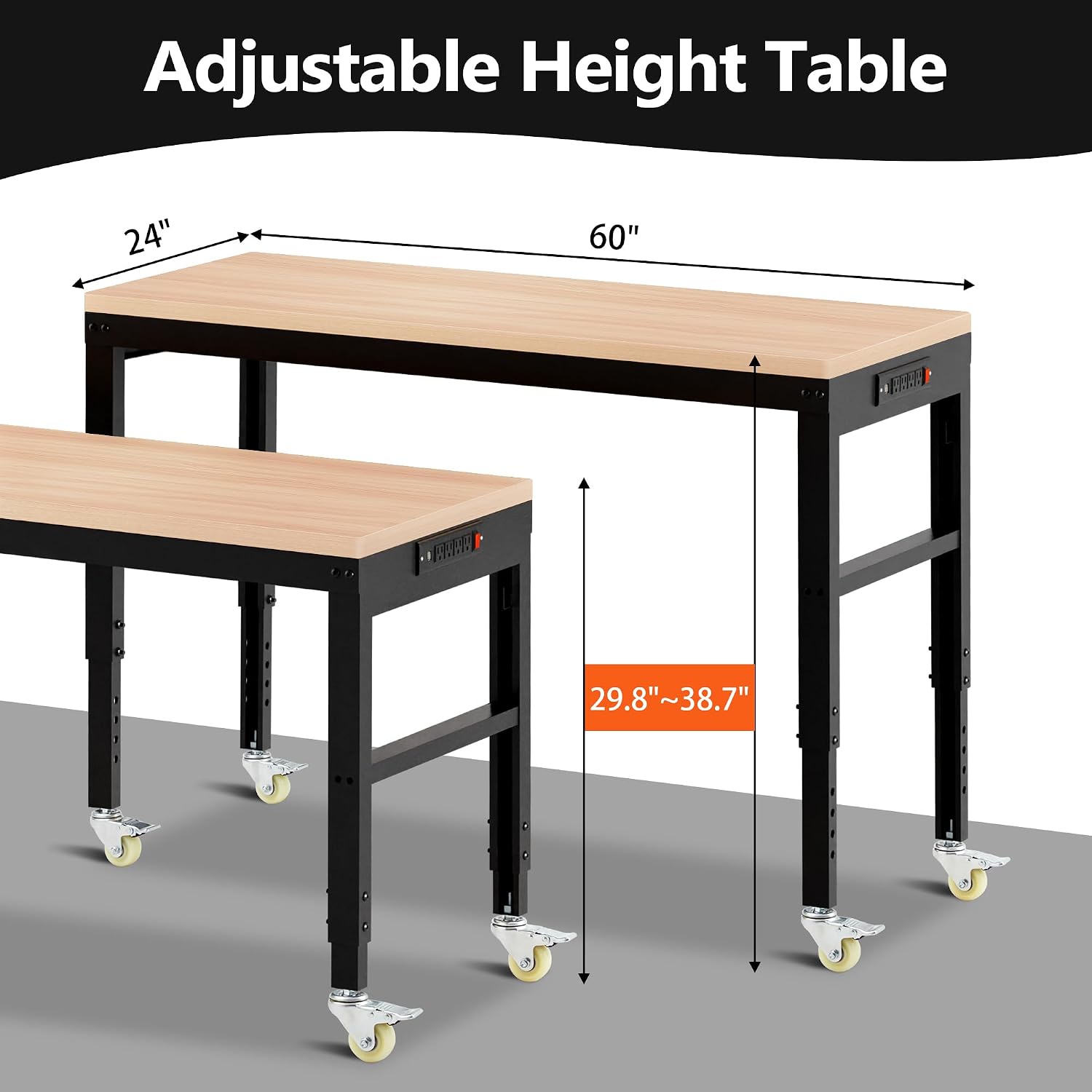 Antifir 60" Adjustable Workbench, Heavy Duty Wood Workstation | Garage Workbench, 2000 LBS Load Capacity, Work Table with Power Outlet and Foot Pads for Commercial, Workshop, Office, Home
