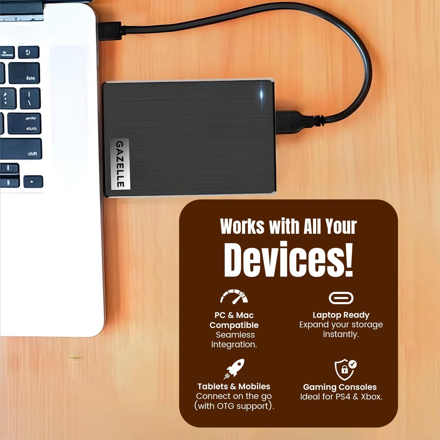 GAZELLE High-Speed 1TB Ultra Slim Portable External Hard Drive - 2-in-1 Type C & USB 3.0, Compatible with PC, Mac, Laptop, PS4, Xbox, iPad, Tablet
