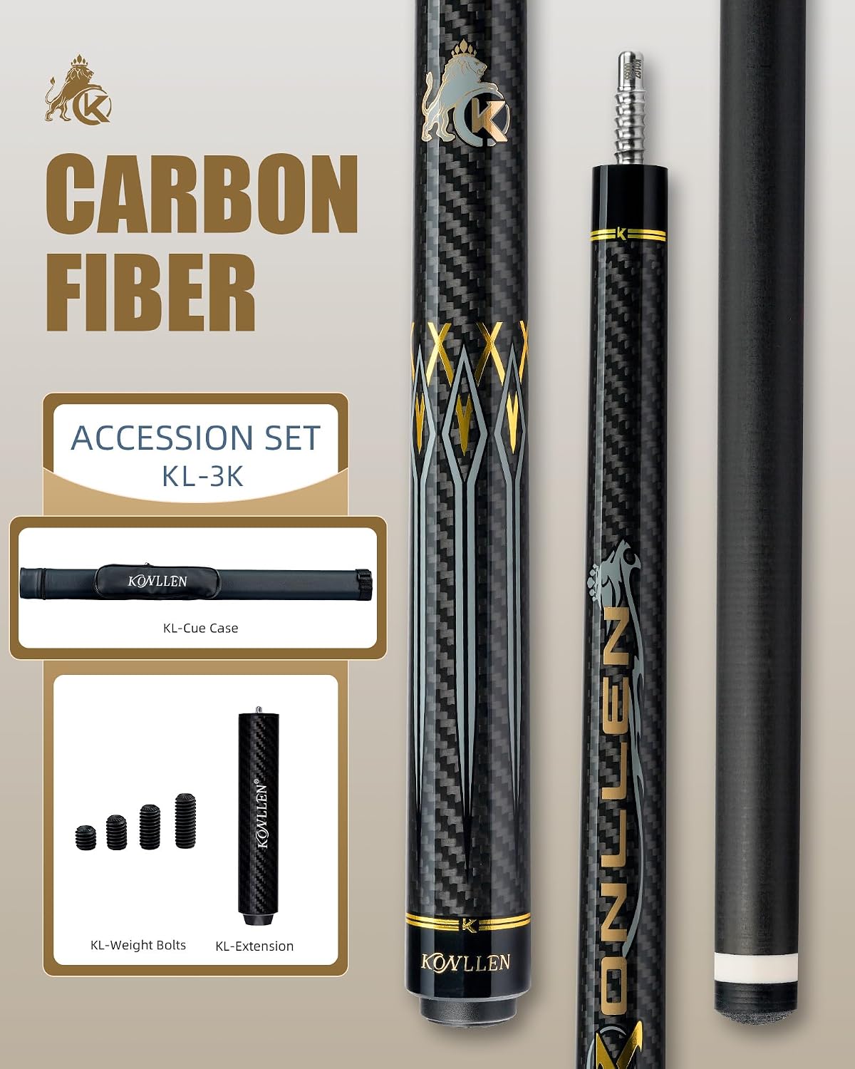 KONLLEN Carbon Fiber Pool Cue Stick 58-inch Professional Pool Sticks for Adults Full Carbon Technology Low Deflection Pool Cue Billiard Cues with 12.5mm Tip (Easy to Control, Pro Taper, Ultra-Smooth)