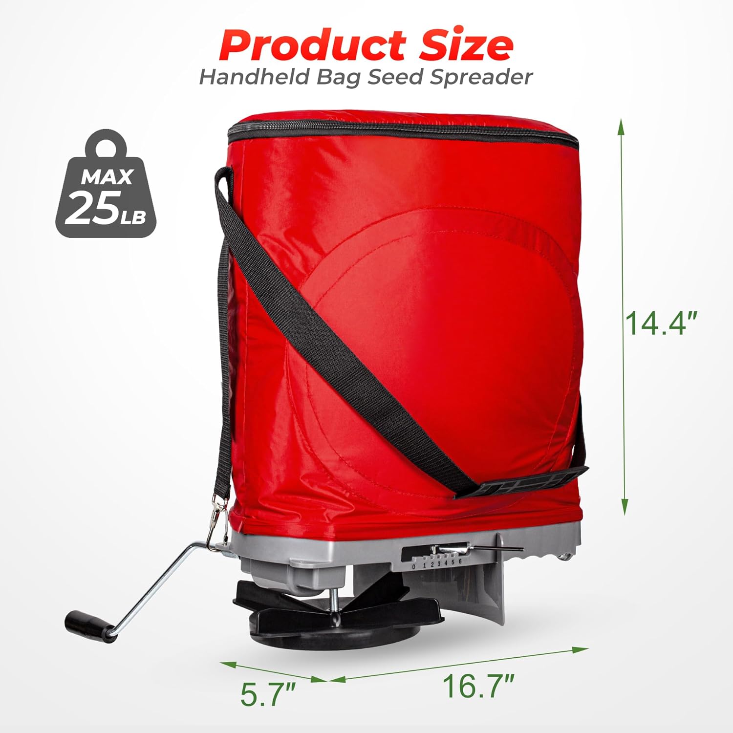 Walensee Handheld Seed Spreader with 25lb Bag, Frame Support, Flow Control, Enclosed Gears, Rear Baffle