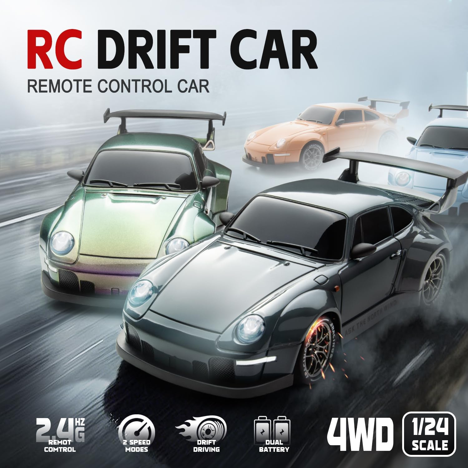 RC Drift Car Purple Racing Livery 1/24 Remote Control Car for Adult | 20KM/H 4WD Low/High Speed RC Cars with LED Lights, Extra Drifting Tires, Vehicle for Kids Boys Girls Beginners Indoor Outdoor