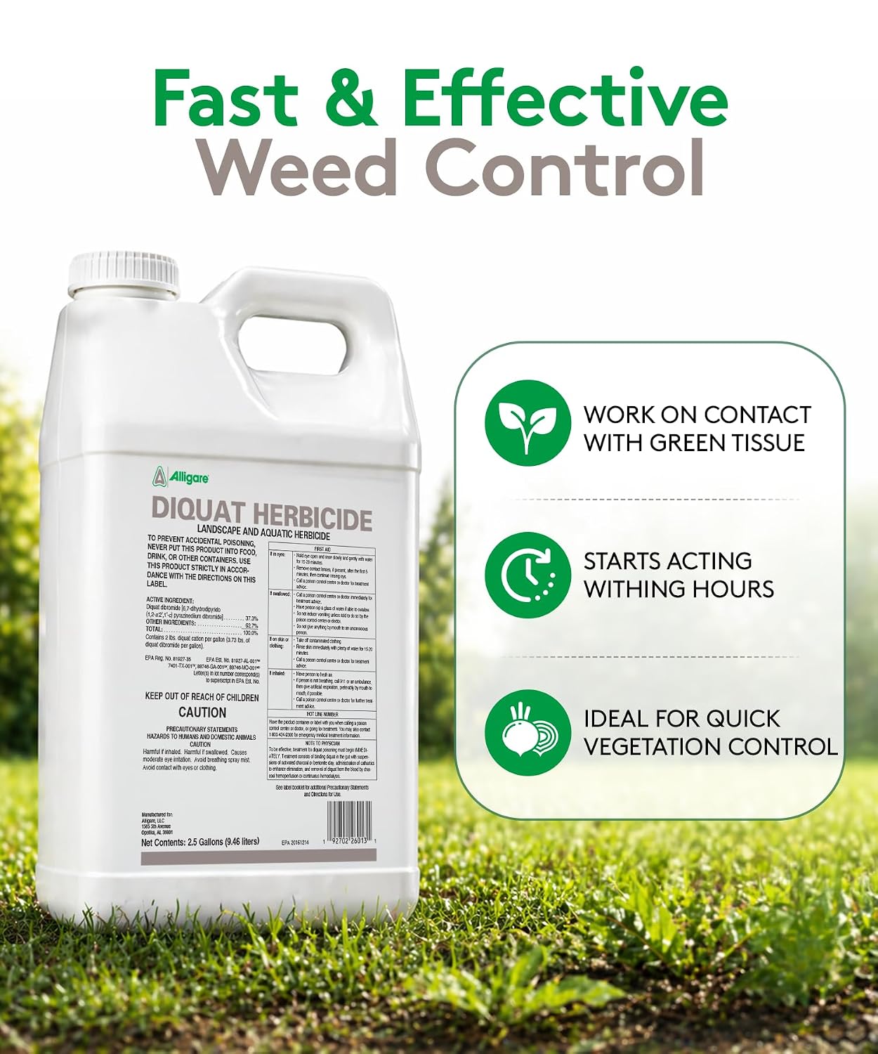 Alligare Diquat Herbicide to Control Bluegrass, Duckweed, Hydrilla & More - Glyphosate Alternative, Fast-Acting Non-Selective Liquid Weed Killer for Aquatic & Landscape Use - 2.5 Gallon
