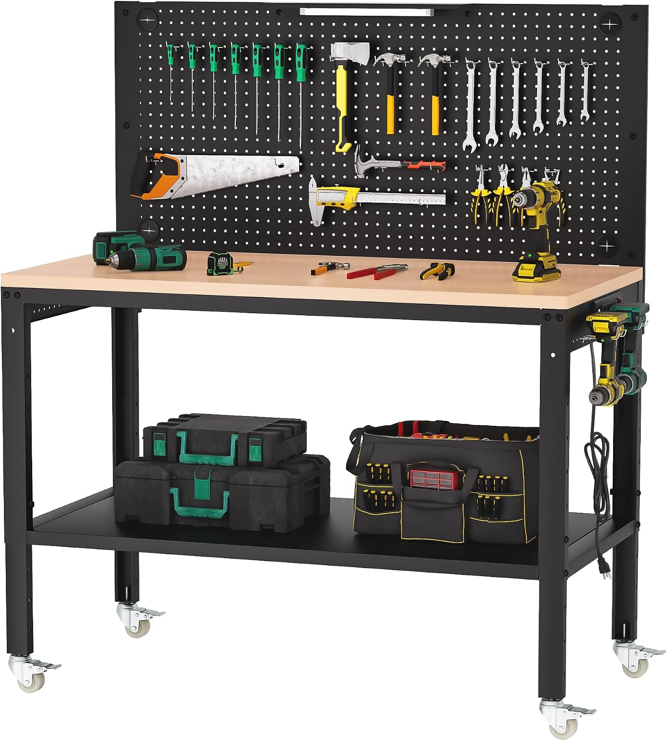 Antifir 60" Adjustable Workbench, Heavy Duty Wood Workstation | Garage Workbench, 2000 LBS Load Capacity, Work Table with Power Outlet and Foot Pads for Commercial, Workshop, Office, Home