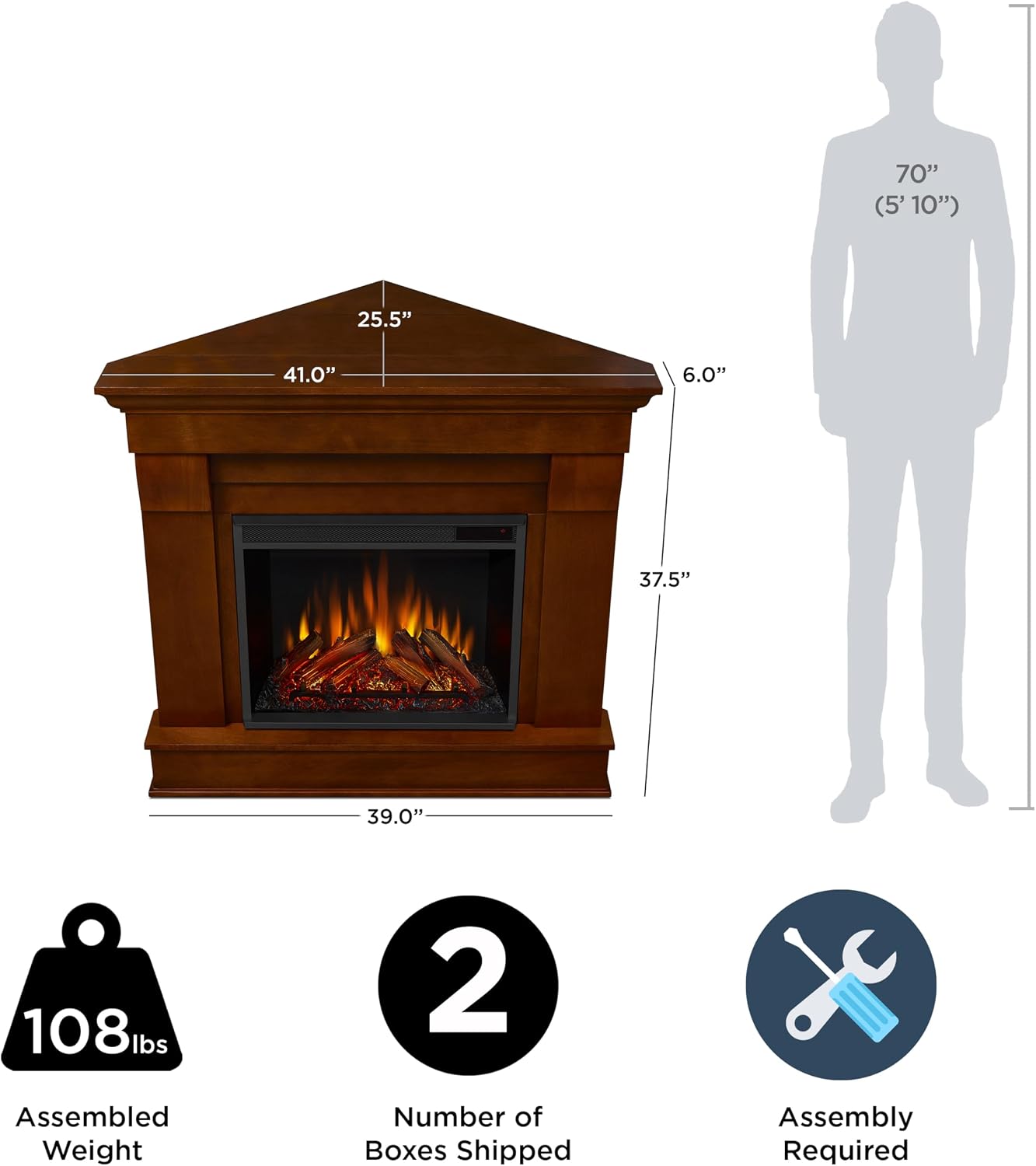 Real Flame Chateau 41" Corner Electric Fireplace with Mantel for Living Room or Bedroom, Replaceable Fireplace Insert Heater, Realistic Log and Flame Effect, Remote Control, Timer.