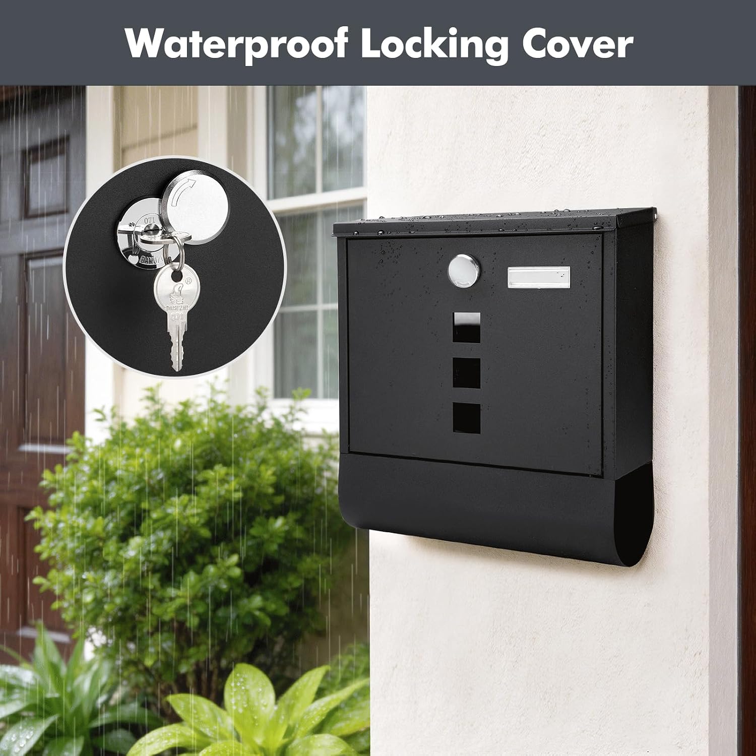 Locking Mailbox Wall Mount for Outside– Jssmst Mailboxes with Key Lock for Front Door Fence, Large Capacity Letter Box, 14.3 x 4.1 x 11.8 Inch, Black, SM-HPB911BN