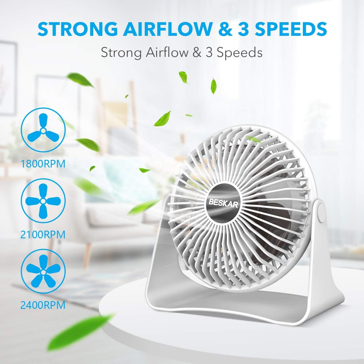 BESKAR USB Small Desk Fan, Portable Table Fans with 3 Speeds Strong Airflow