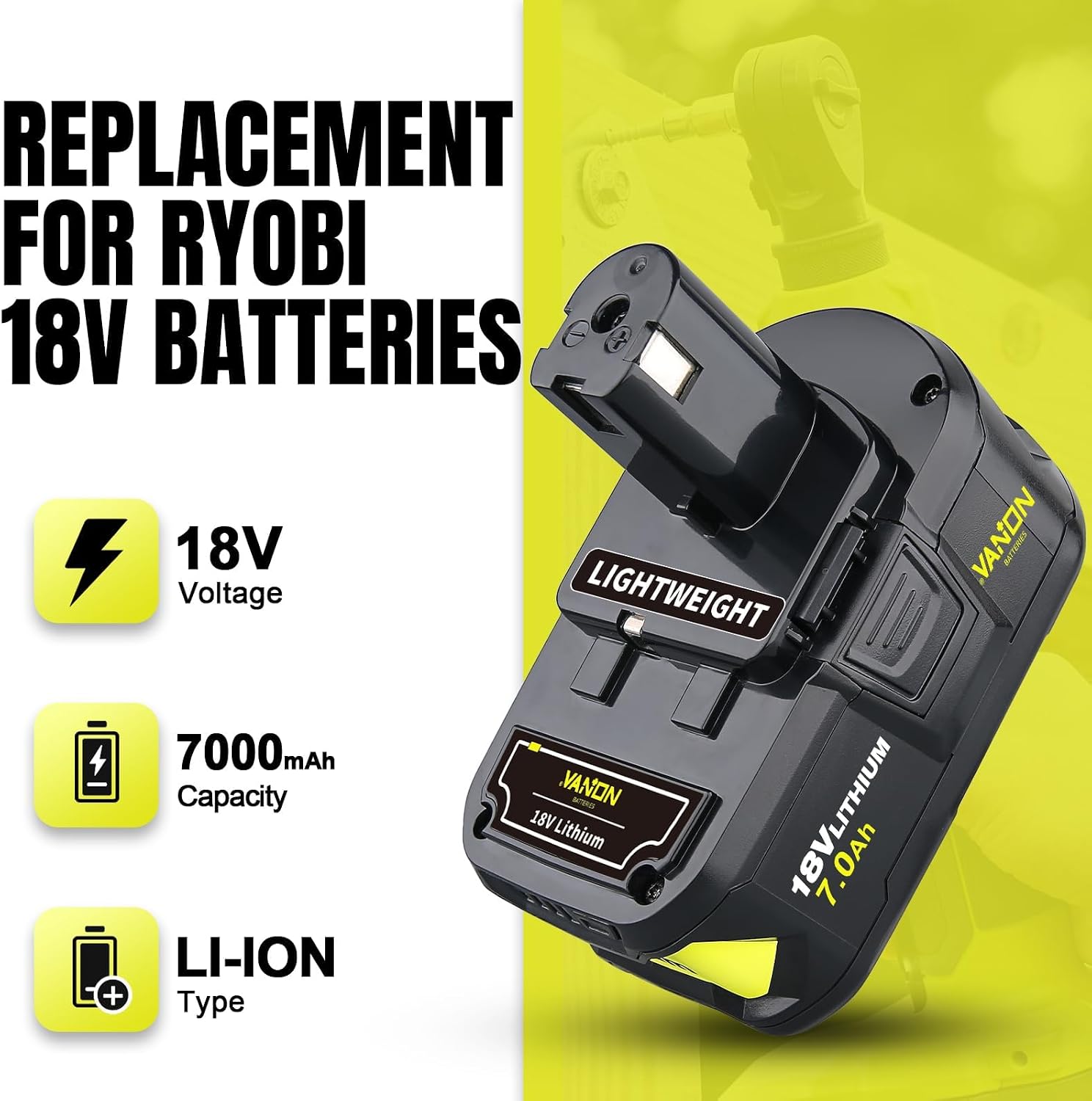 VANON 2-Pack 7.0Ah Replacement for Ryobi 18V Battery P108 | Compatible with Ryobi 18V Lithium Battery P108 P107 P103 P102 P104 P105 P109 P122 Drill
