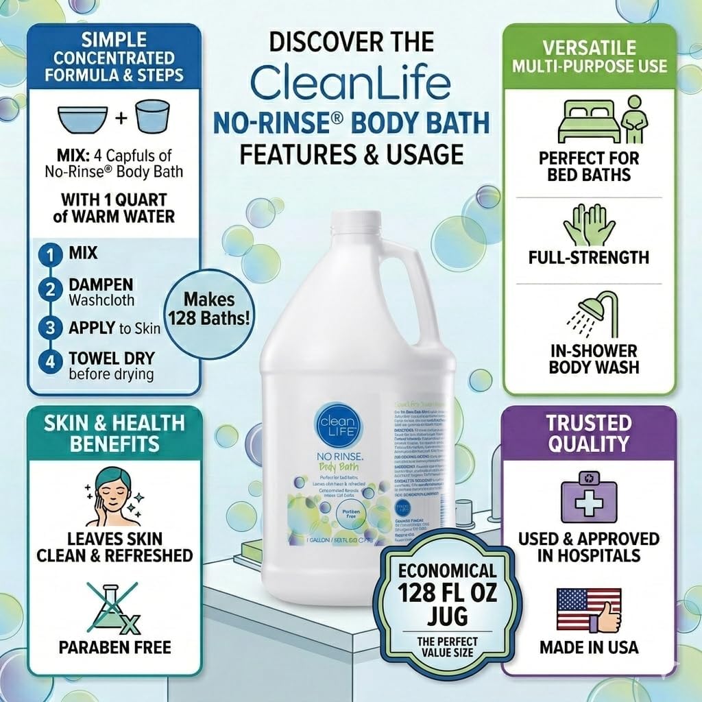 No-Rinse Body Bath (1 Gallon) - Leaves Skin Clean, Refreshed and Odor-Free, Rinse-Free Formula - Makes 128 Complete Baths