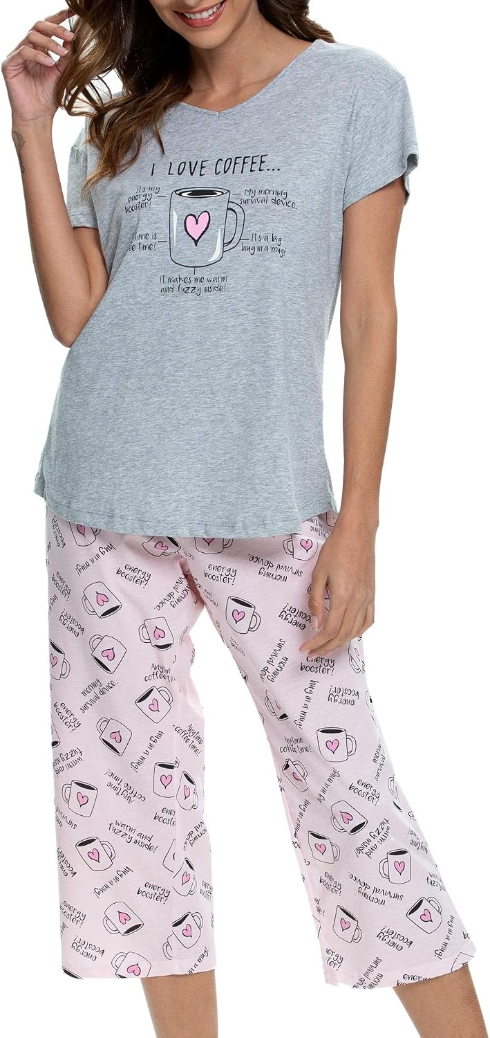 ENJOYNIGHT Womens Pajama Set Cotton Short Sleeve Top With Capri Pants Pj