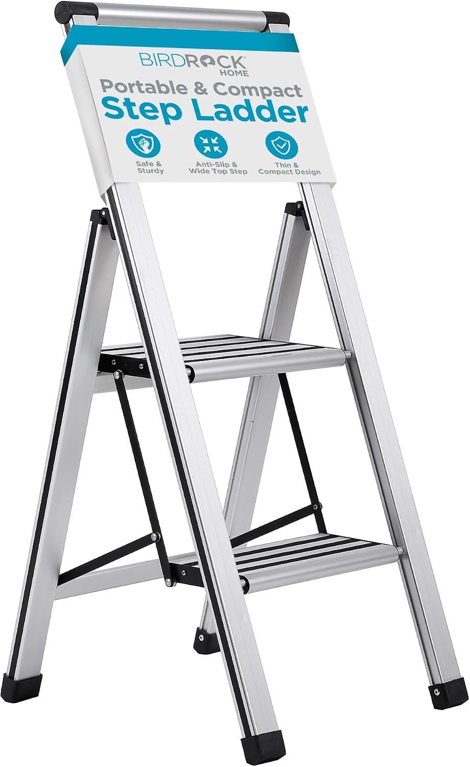 BIRDROCK HOME 2 Step Ladder | Folding Anti-Slip Step Stool, 250 lb Capacity | Lightweight, Slim & Sturdy Design for Household, Kitchen, Garage