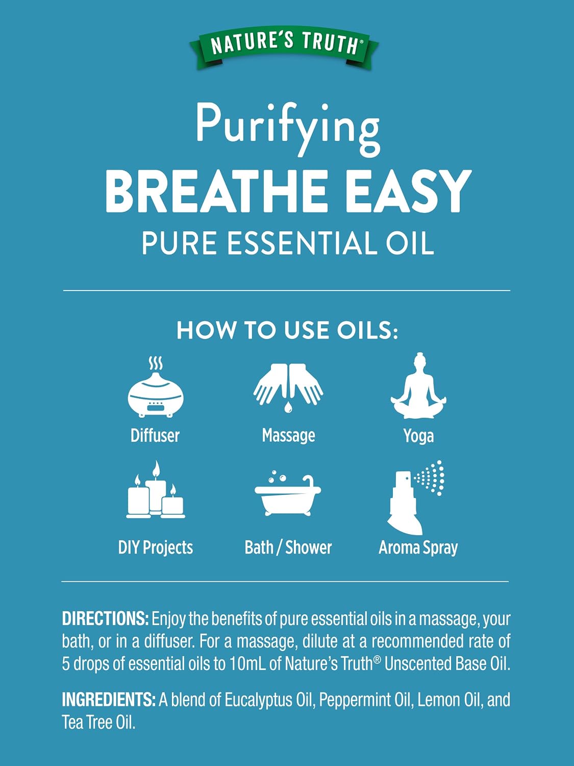 Nature's Truth Breathe Easy Essential Oil Blend | 15 mL | with Eucalyptus, Peppermint, Lemon, and Tea Tree Oils | for Aromatherapy | Pure Plant Based