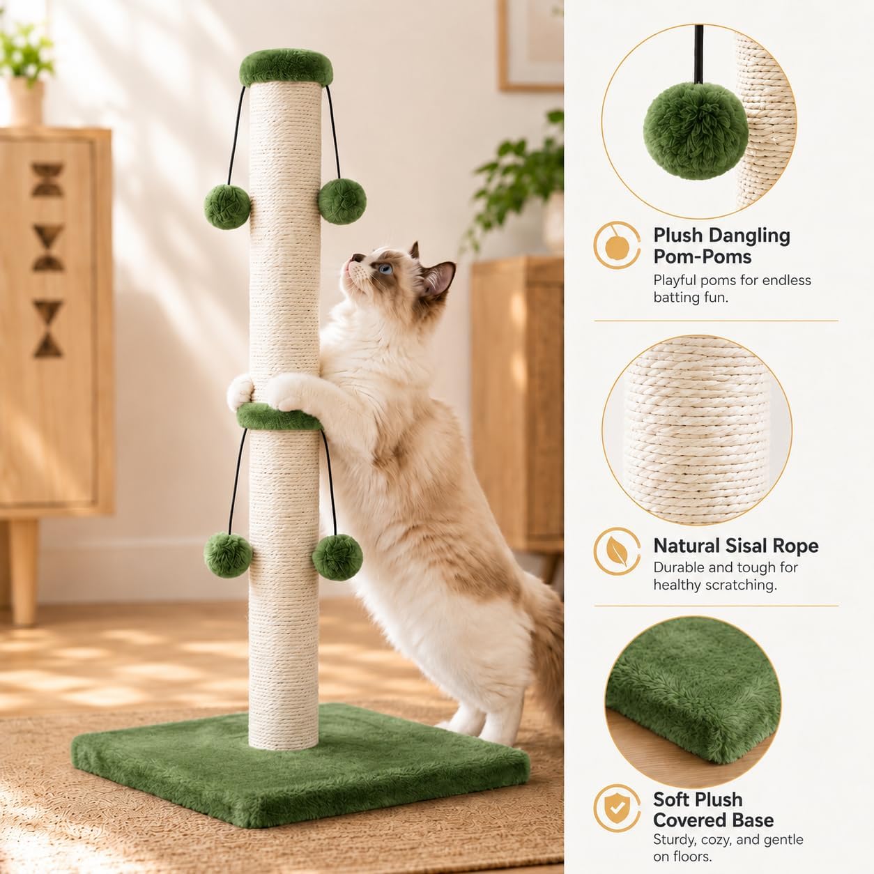 Dimaka 29'' Cat Scratching Post, Natural Sisal Rope Scratcher Post, Kitten Claw Scratch with 4 DanglingToy Balls for Large Cats (Grey)