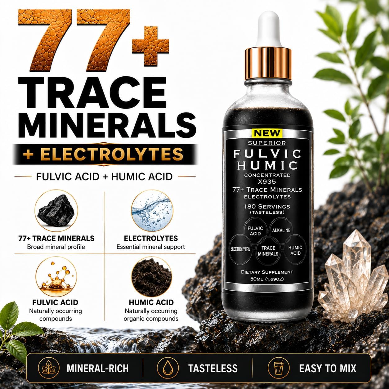 Fulvic Humic Mineral Blend Drops – 77+ Trace Minerals & Electrolytes