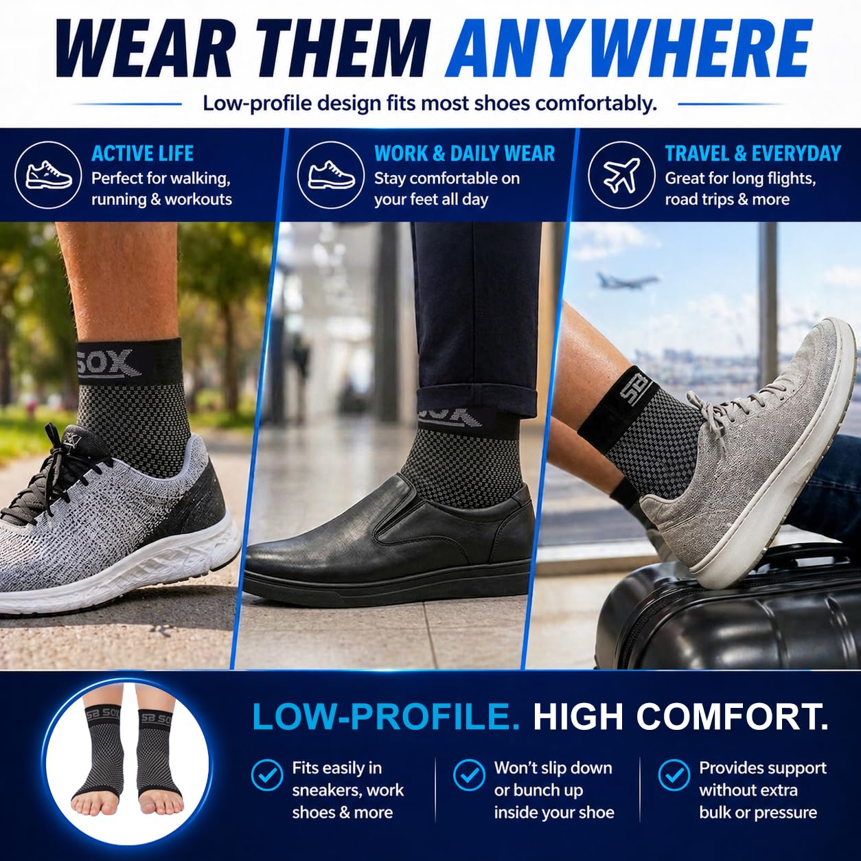 SB SOX Compression Socks for Plantar Fasciitis Relief (Gray, Medium) | Best Socks for Heel Pain Relief, Achilles Tendonitis & Foot Pain – Toeless Ankle Compression, All-Day Comfort