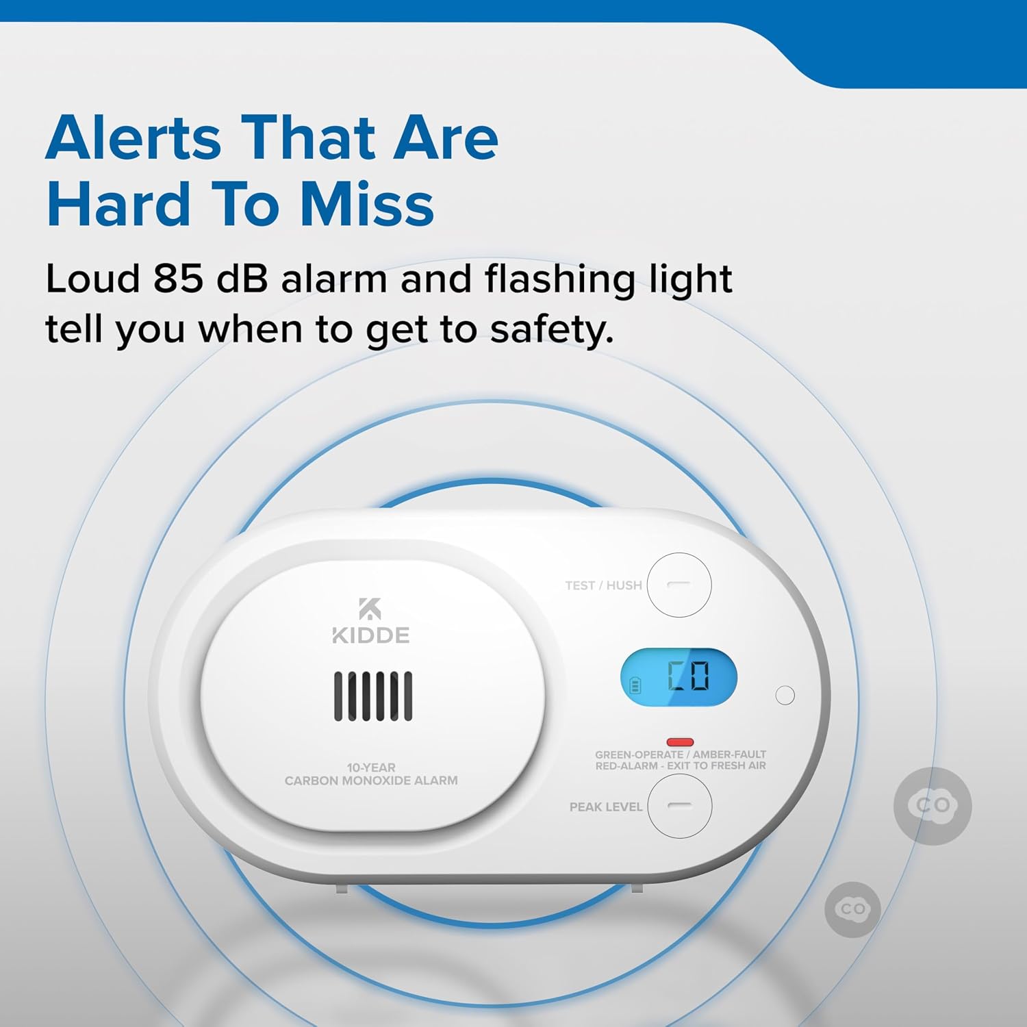 Kidde Carbon Monoxide Detector, 10-Year Battery Powered, Digital Display, LED Status Indicators, 85 dB Alarm, 3rd Edition