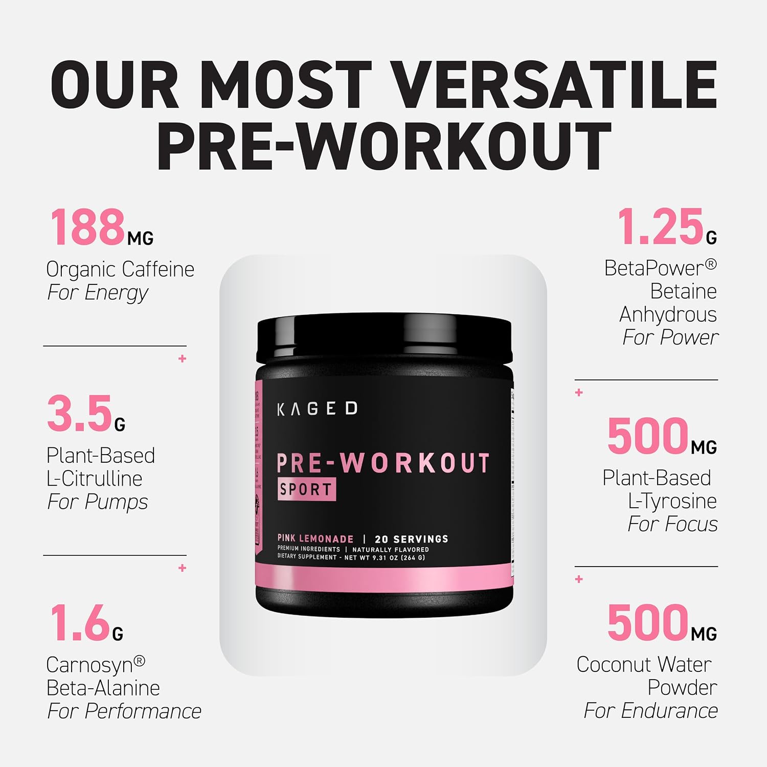 Kaged Sport Pre Workout Powder for Men & Women, Mango Lime, Sport Certified, 188mg Caffeine, Nitric Oxide Supplement, Beta Alanine for Energy