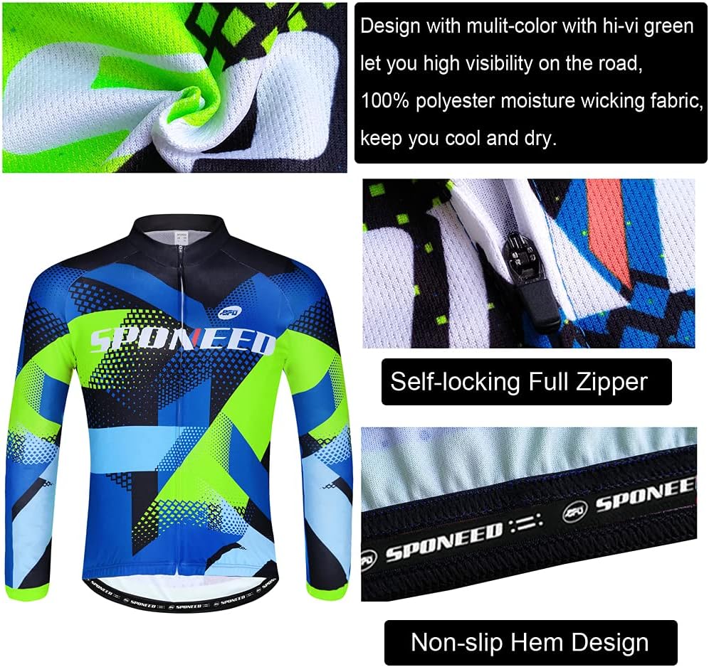 sponeed Cycling Clothes for Men Long Sleeve Mountain Bike Road Bicycle Shirt Jerseys Padded Pants Biking Outfits