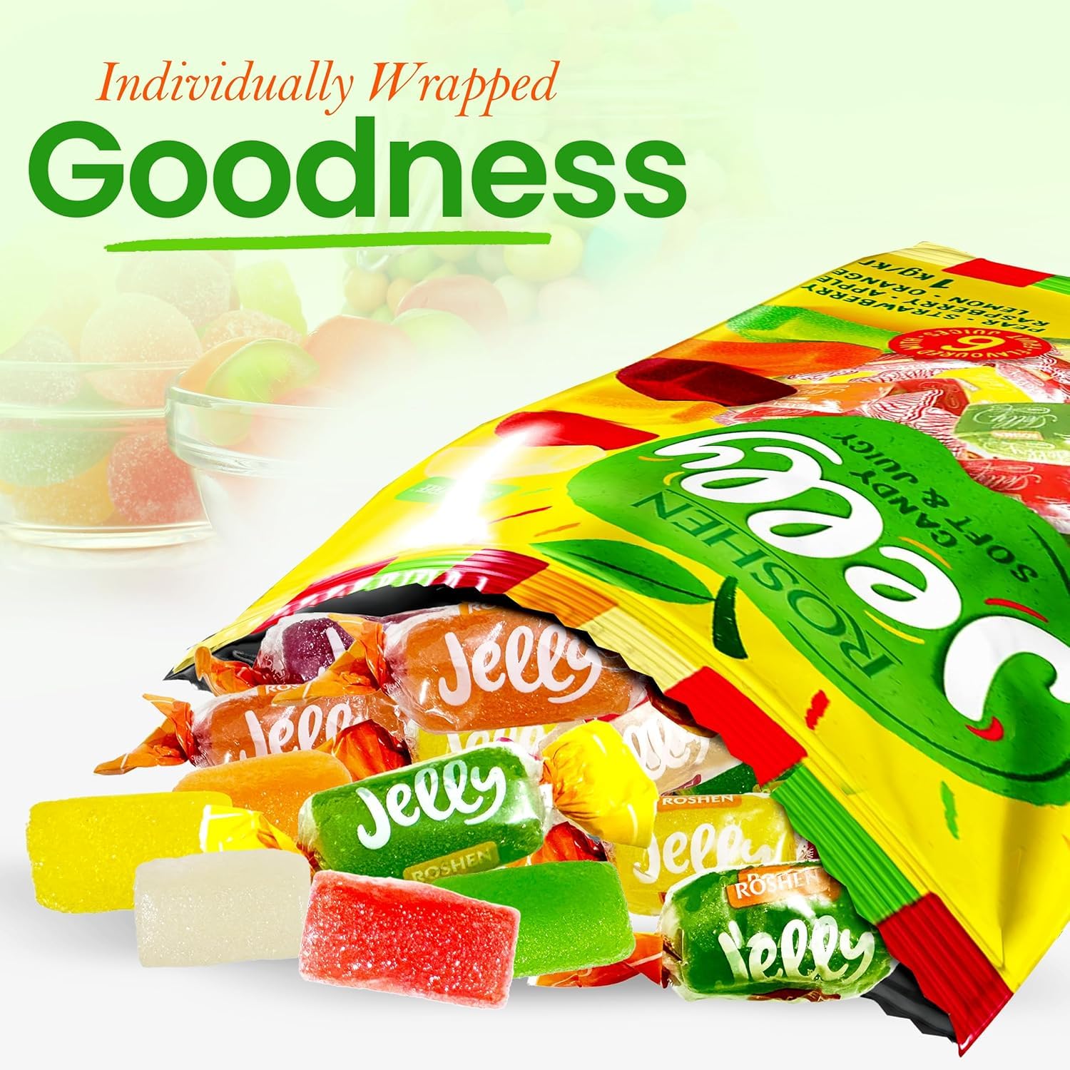 Roshen Mixed Fruit Jelly Candy, 2.2 lb (1 kg) Bulk Bag – Soft & Juicy Fruit Jelly Candies with 6 Fruit Juices, Gelatin-Free, Kosher & Halal Chewy Candy