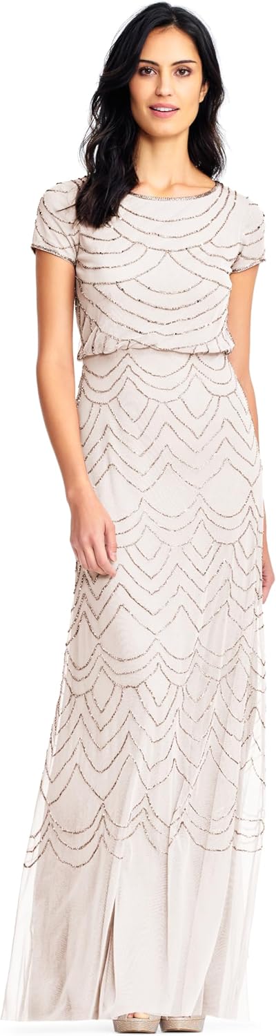 Adrianna Papell Womens Short Sleeve Blouson Beaded Gown