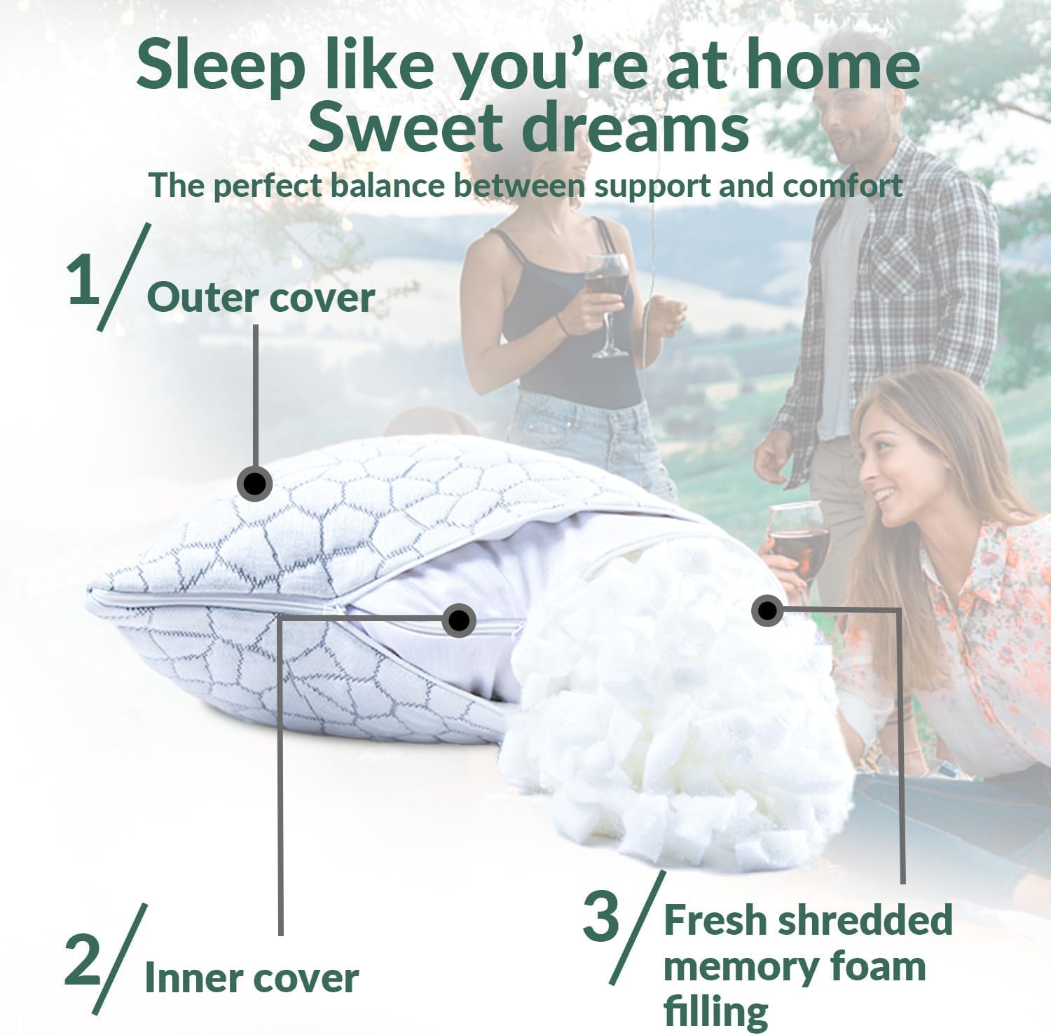 QUTOOL Cooling Pillow for Sleeping, CertiPUR-US Shredded Memory Foam Queen Pillows Set of 2, Cool Pillow for Hot Sleepers Adjustable Firm Pillow for Side, Back, Stomach Sleepers Soft Yet Support,White