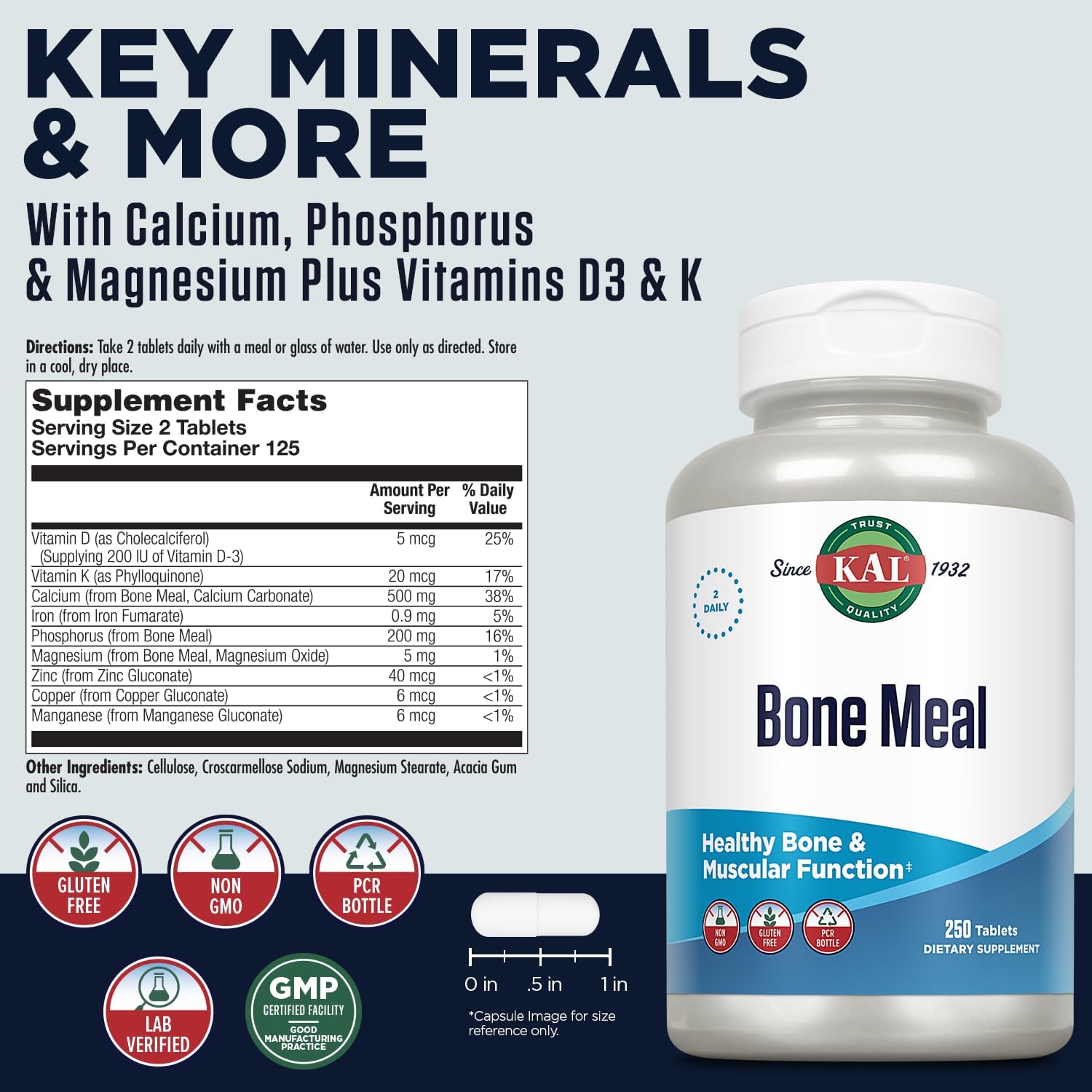 KAL Bone Meal Tablets, Calcium Supplement w/Magnesium, Vitamin D3 and K, Bone Health, Muscle and Nerve Function Support, Rapid Disintegration