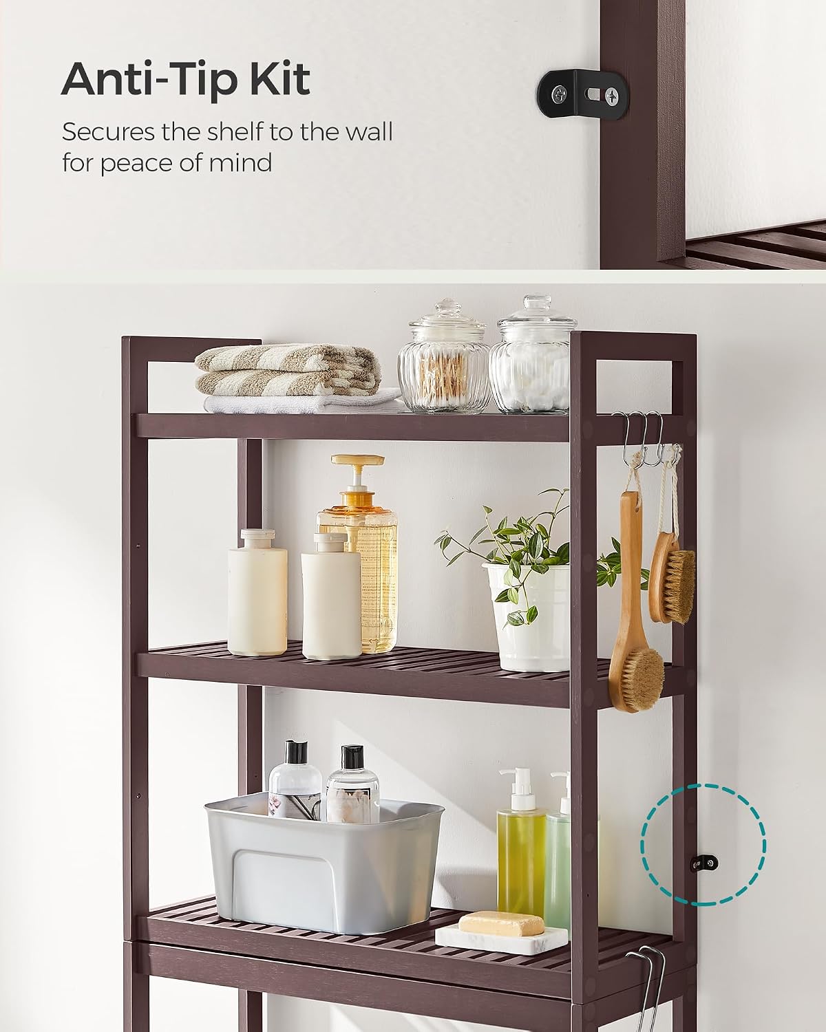 SONGMICS Over The Toilet Storage, 3-Tier Over Toilet Bathroom Organizer with Adjustable Shelf, 10.2 x 24.8 x 66.9 Inches, Space-Saving, Cloud White UBTS01WT