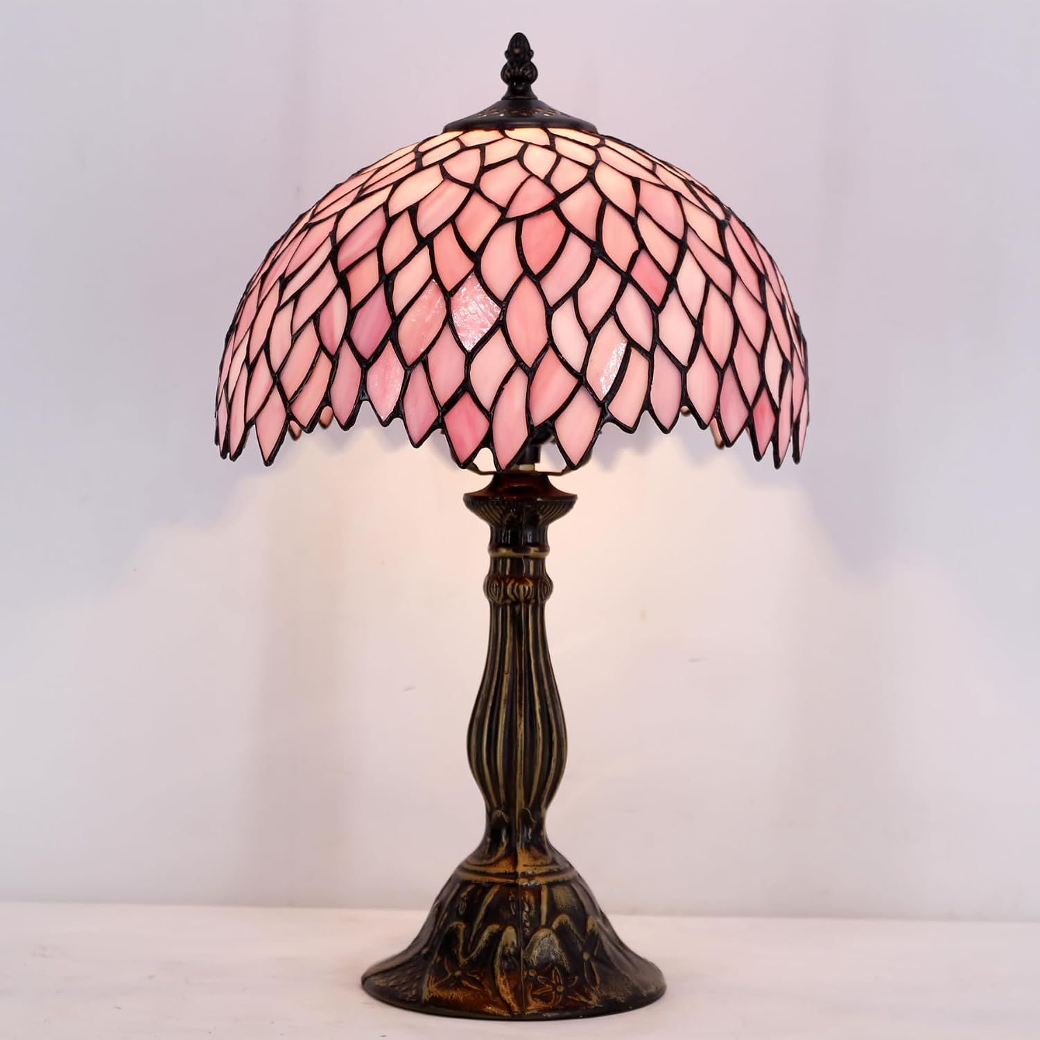 WERFACTORY Tiffany Table Lamp Pink Wisteria Style Stained Glass Desk Light | Bedside Reading Light 12X12X18 Inches Decor Bedroom Living Room Home