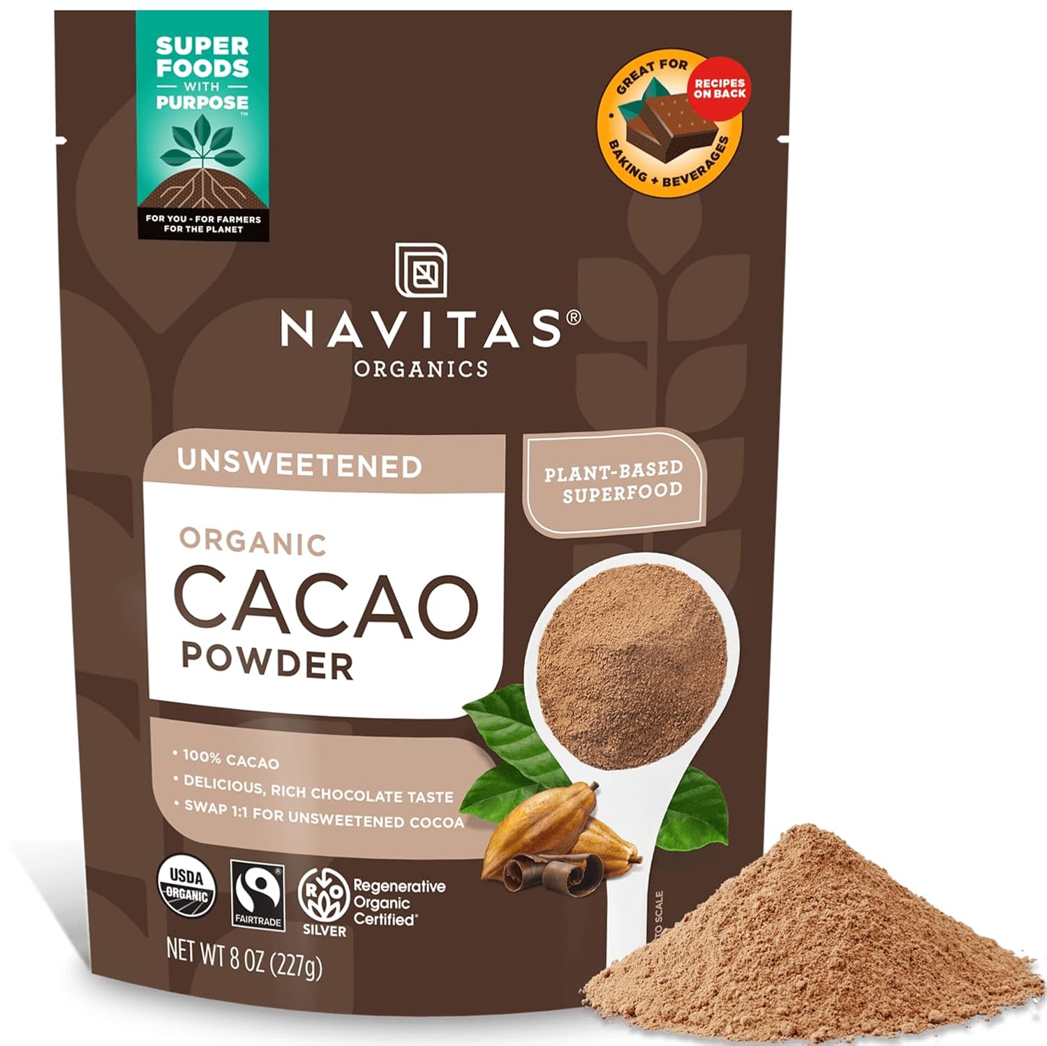 Navitas Organics Cacao Powder - Cocoa Powder Substitute 1:1, For Hot Chocolate, Baking & More - Regenerative Organic Certified, Non GMO, Fairtrade