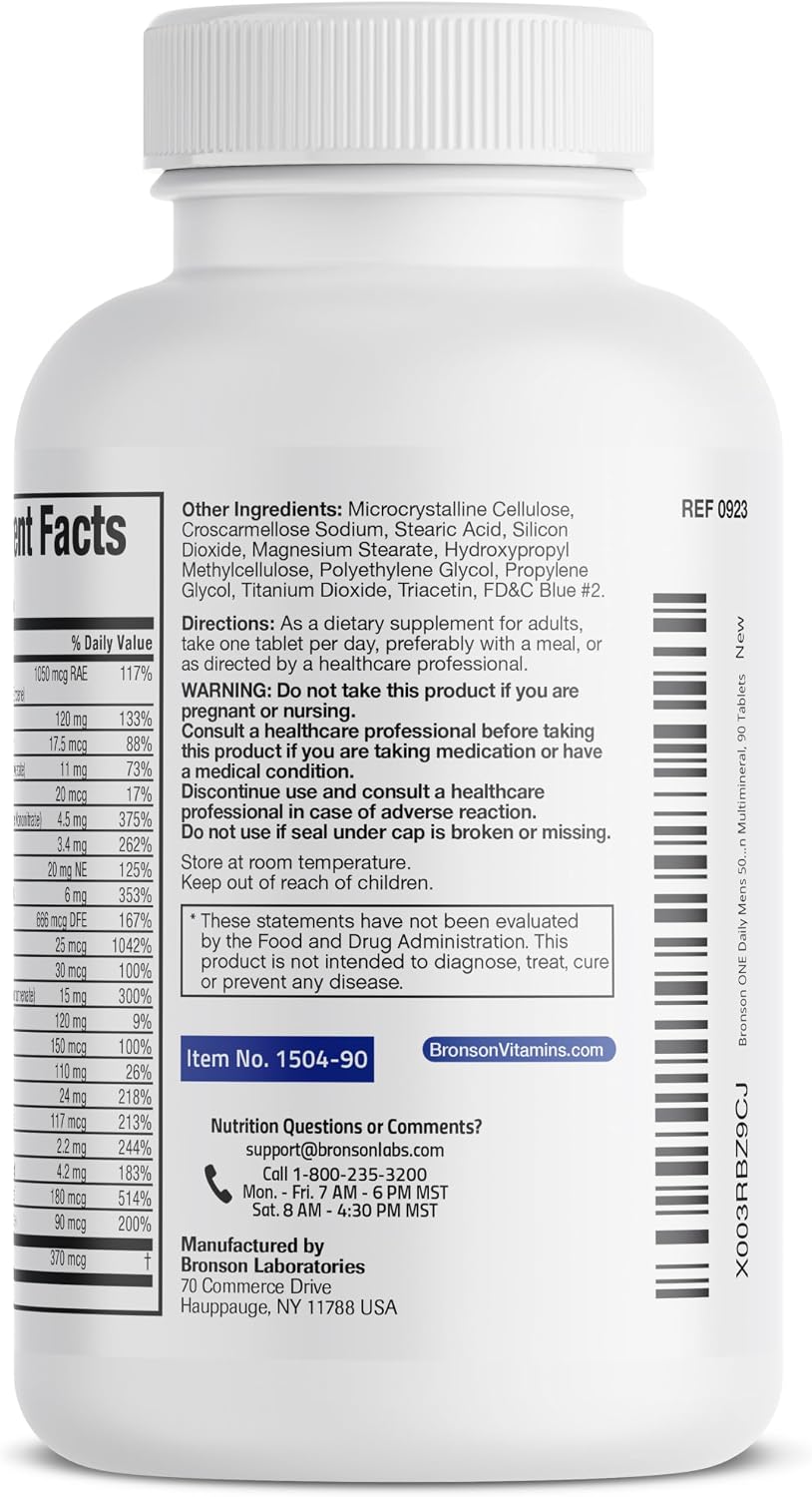 Bronson ONE Daily Mens 50+ Complete Multivitamin Multimineral, 180 Tablets | Once-Daily, Targeted Nutrition For Active Men Over 50, Non-GMO, Gluten-Free, Soy-Free