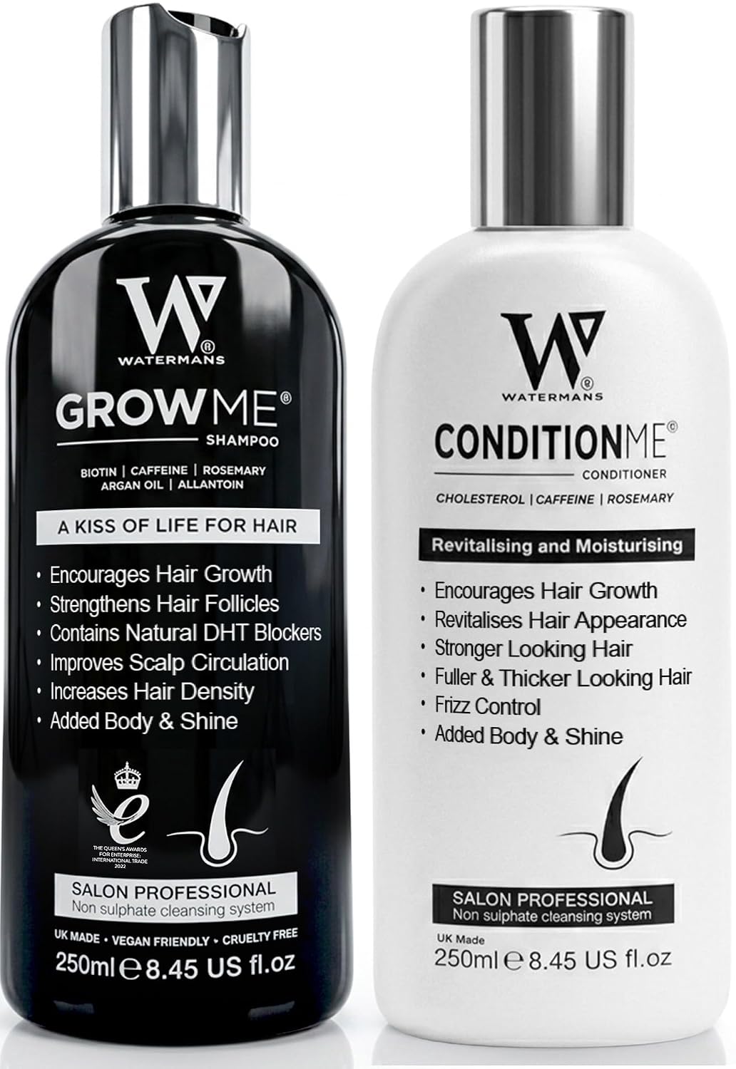 Hair Growth Shampoo & Conditioner by Watermans UK Biotin, Argan Oil, Allantoin, Rosemary, Niacinamide, Lupin. Male & Female Hair Loss Products