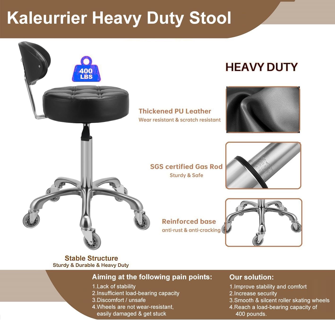 Kaleurrier Rolling Stool with Back Rest: Swivel Chair Adjustable Height