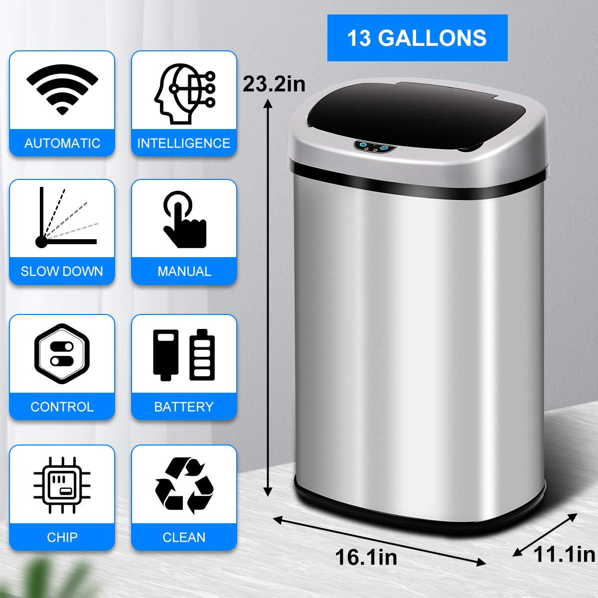 Dkeli 13 Gallon Automatic Motion Sensor Trash Can, Stainless Steel Touchless Kitchen Trash Can with Lid, 50L High-Capacity Office Bathroom Bedroom Garbage Bin