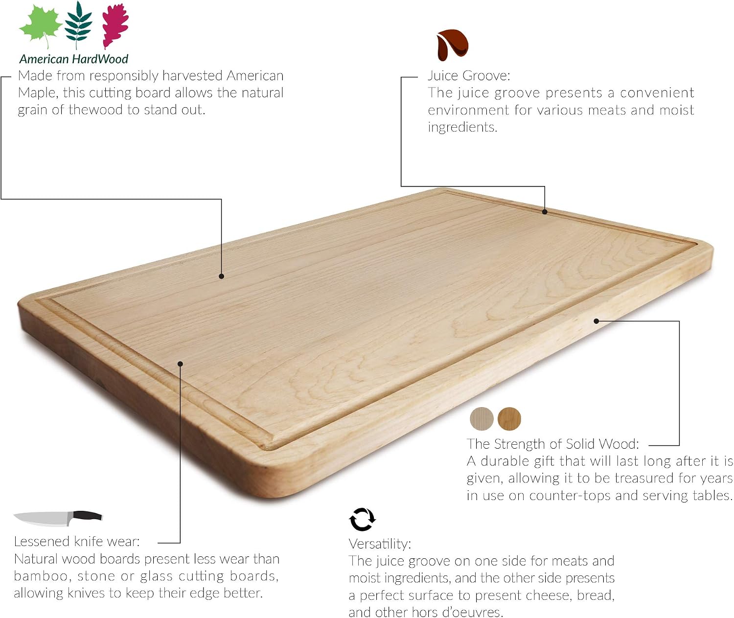 Casual Home Delice Rectangle Juice Drip Groove Cutting Board 15.5" Wx11 Dx0.75 H, Maple